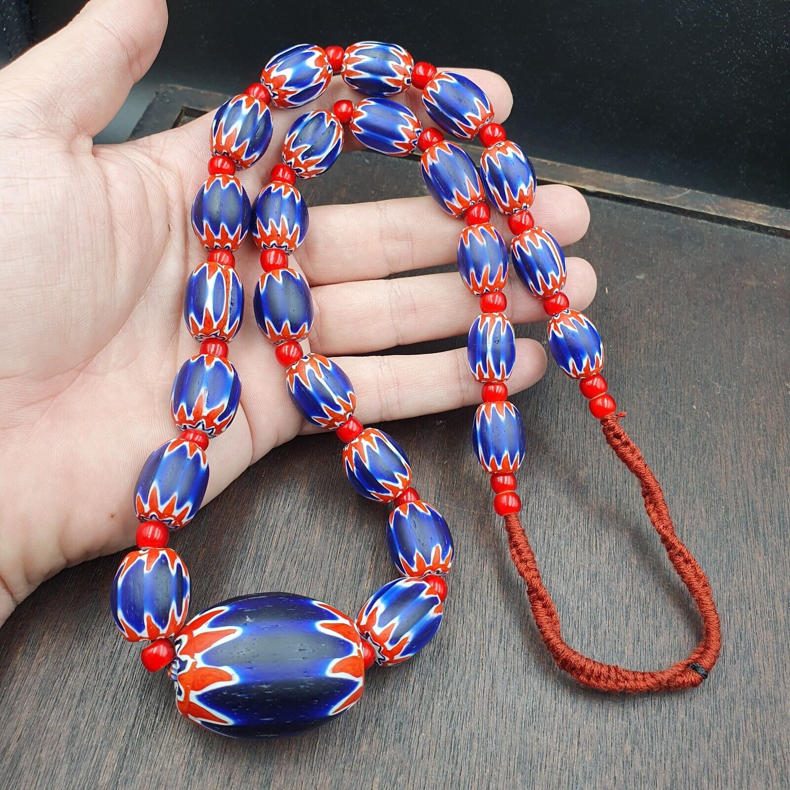 Antique white heart Venetian inspired African Blue Glass Chevron With Big Bead