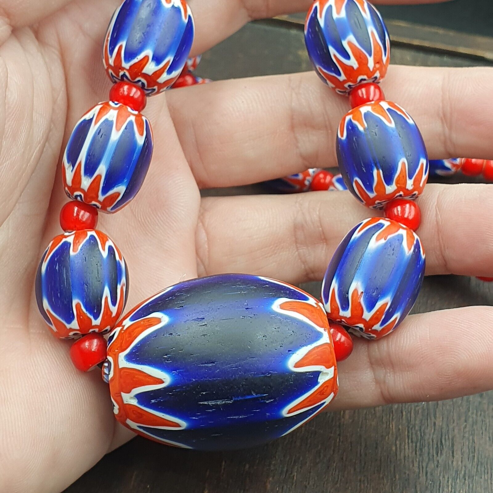 Antique white heart Venetian inspired African Blue Glass Chevron With Big Bead