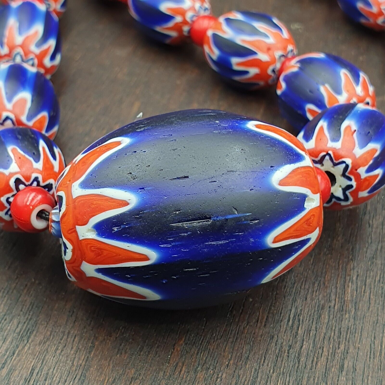 Antique white heart Venetian inspired African Blue Glass Chevron With Big Bead