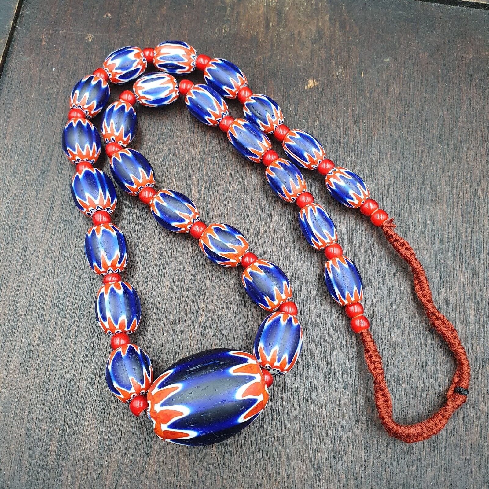 Antique white heart Venetian inspired African Blue Glass Chevron With Big Bead