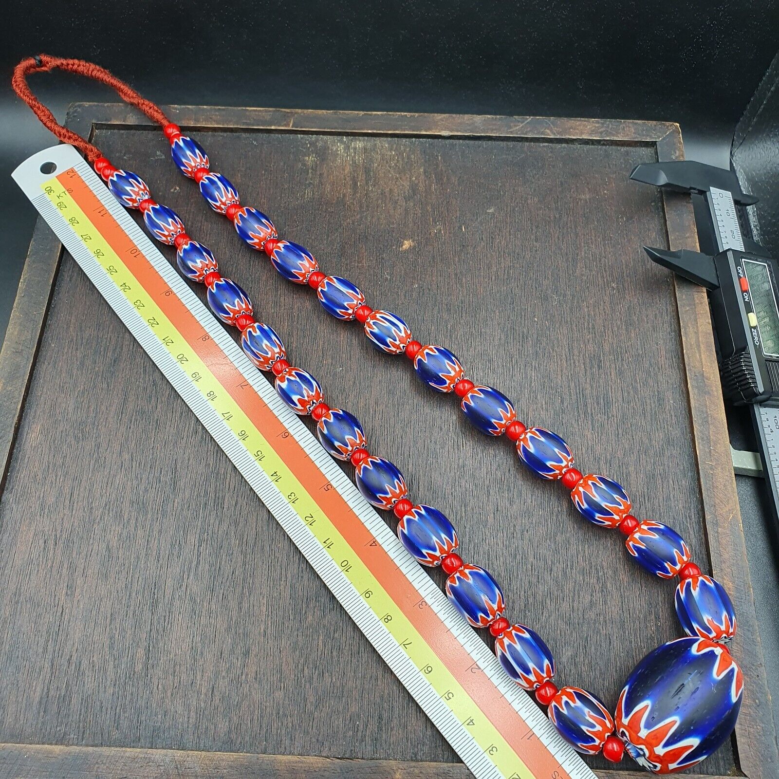 Antique white heart Venetian inspired African Blue Glass Chevron With Big Bead