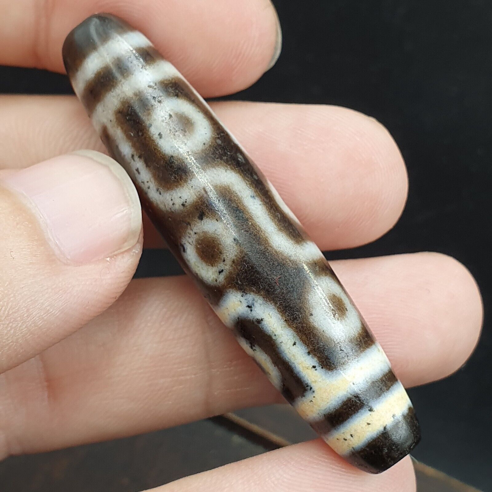 Tibetan Dzi Old White Grey Agate Bead " 9 Eyes " Amulet Pendant Necklace TBA-2