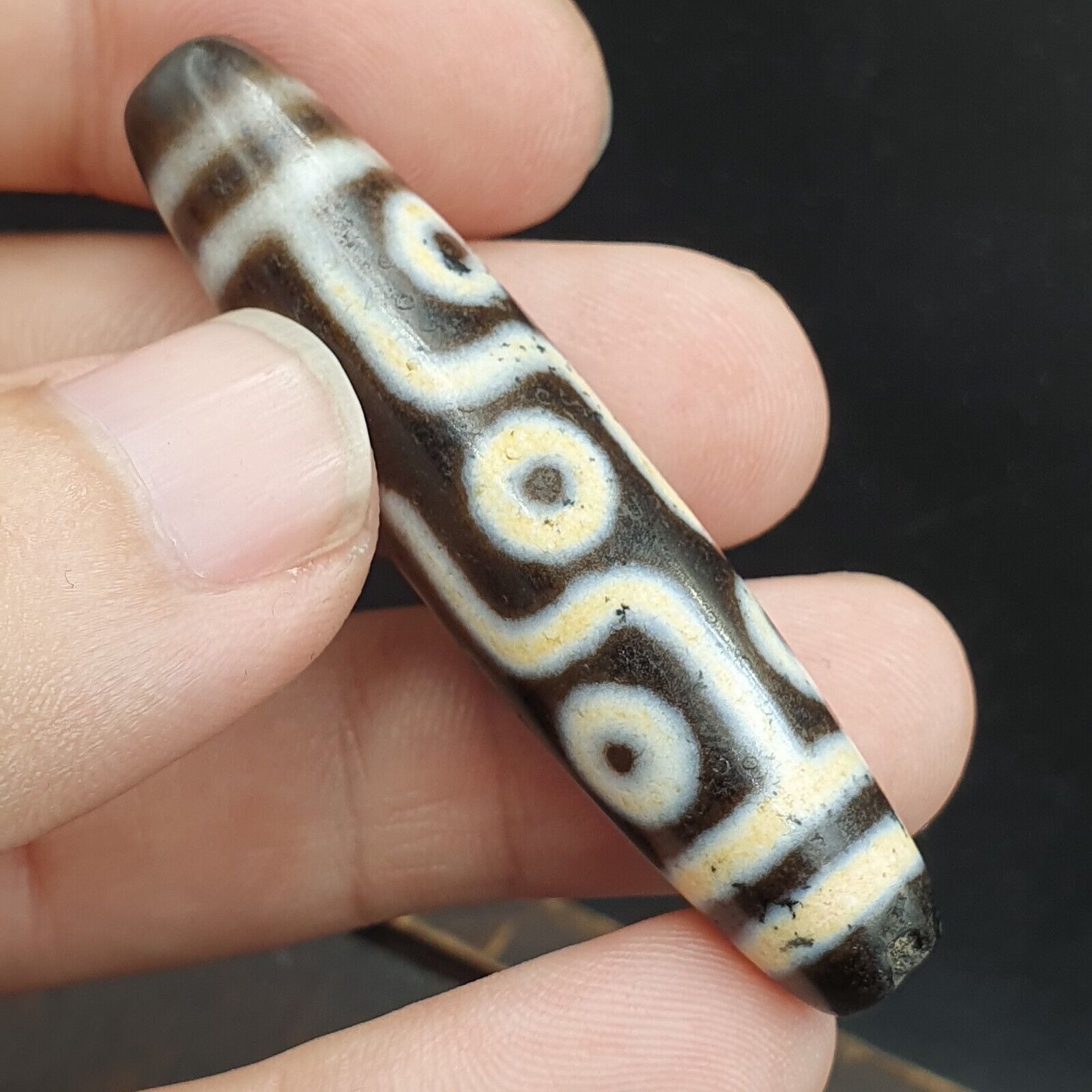 Tibetan Dzi Old White Grey Agate Bead " 9 Eyes " Amulet Pendant Necklace TBA-2