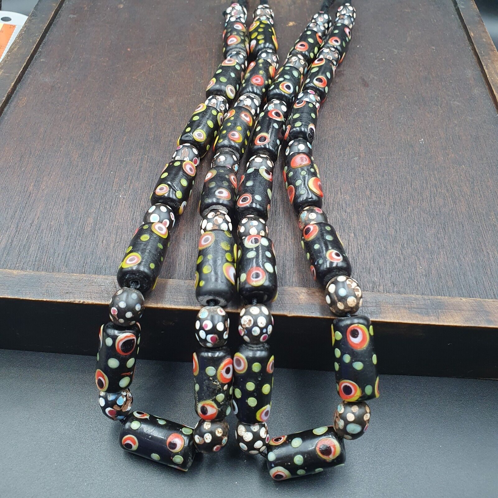 Vintage Black Gabri Eyes Skunk Thousand eyes Glass Beads Strand