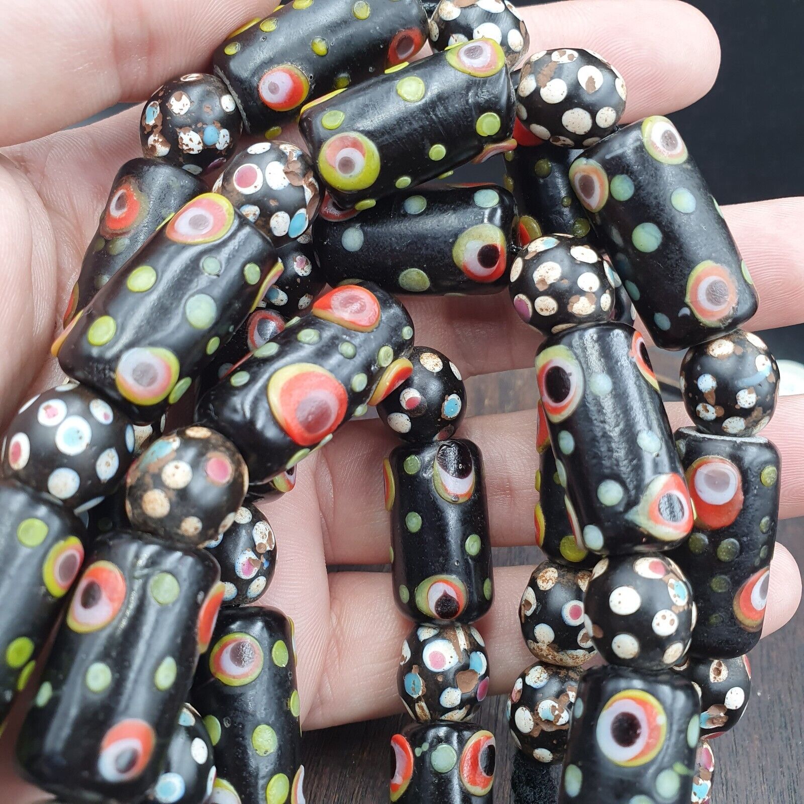Vintage Black Gabri Eyes Skunk Thousand eyes Glass Beads Strand