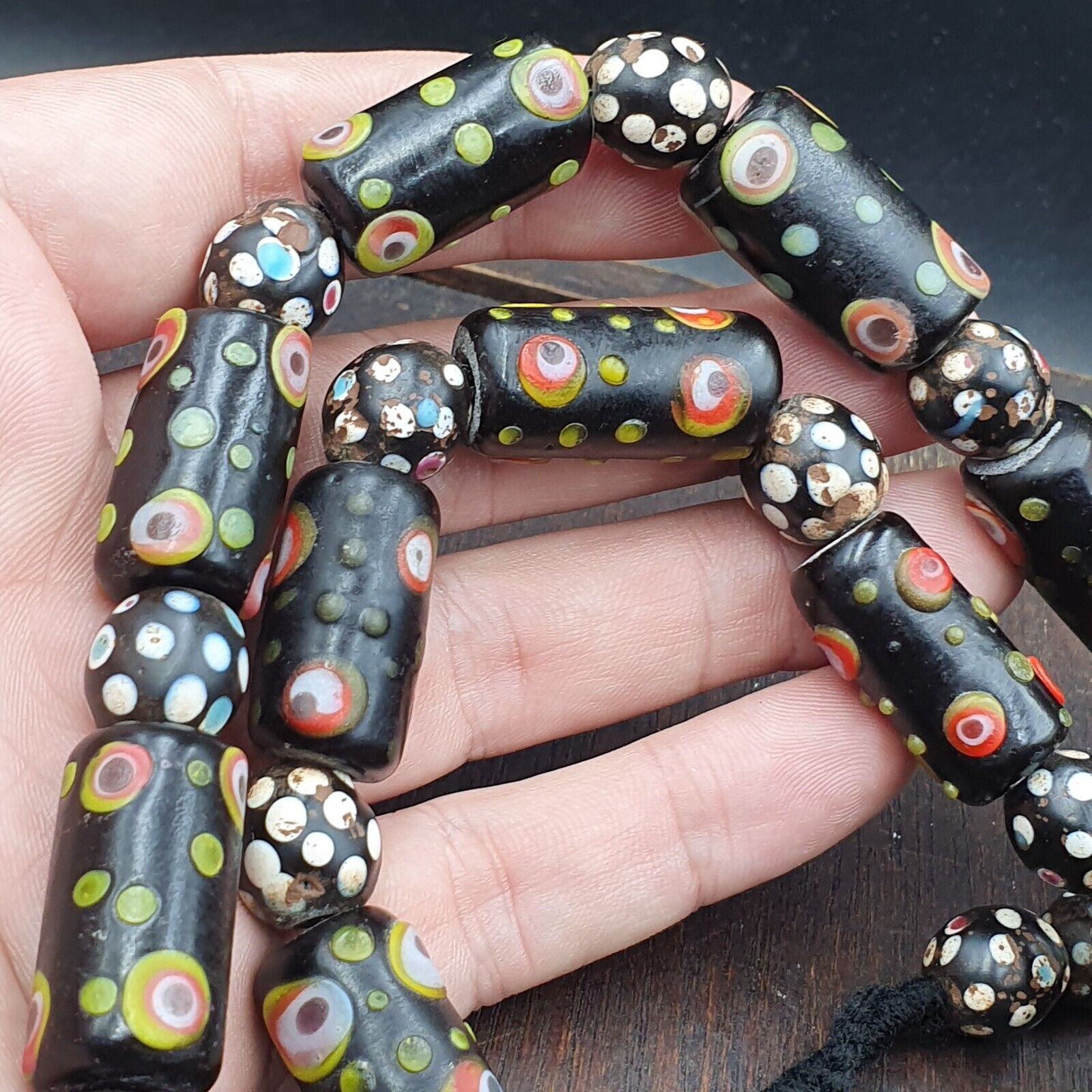 Vintage Black Gabri Eyes Skunk Thousand eyes Glass Beads Strand