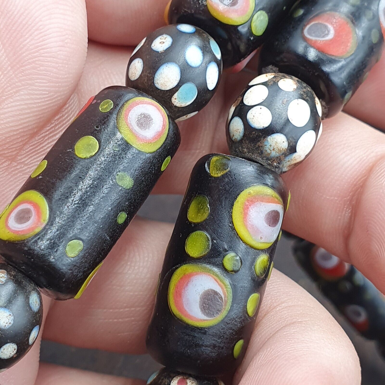 Vintage Black Gabri Eyes Skunk Thousand eyes Glass Beads Strand