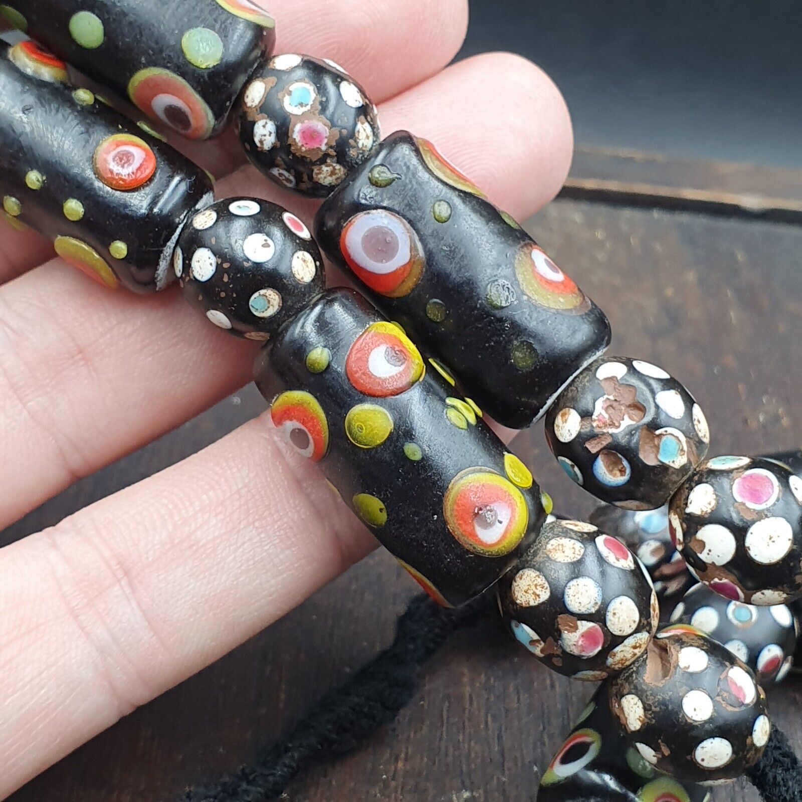 Vintage Black Gabri Eyes Skunk Thousand eyes Glass Beads Strand