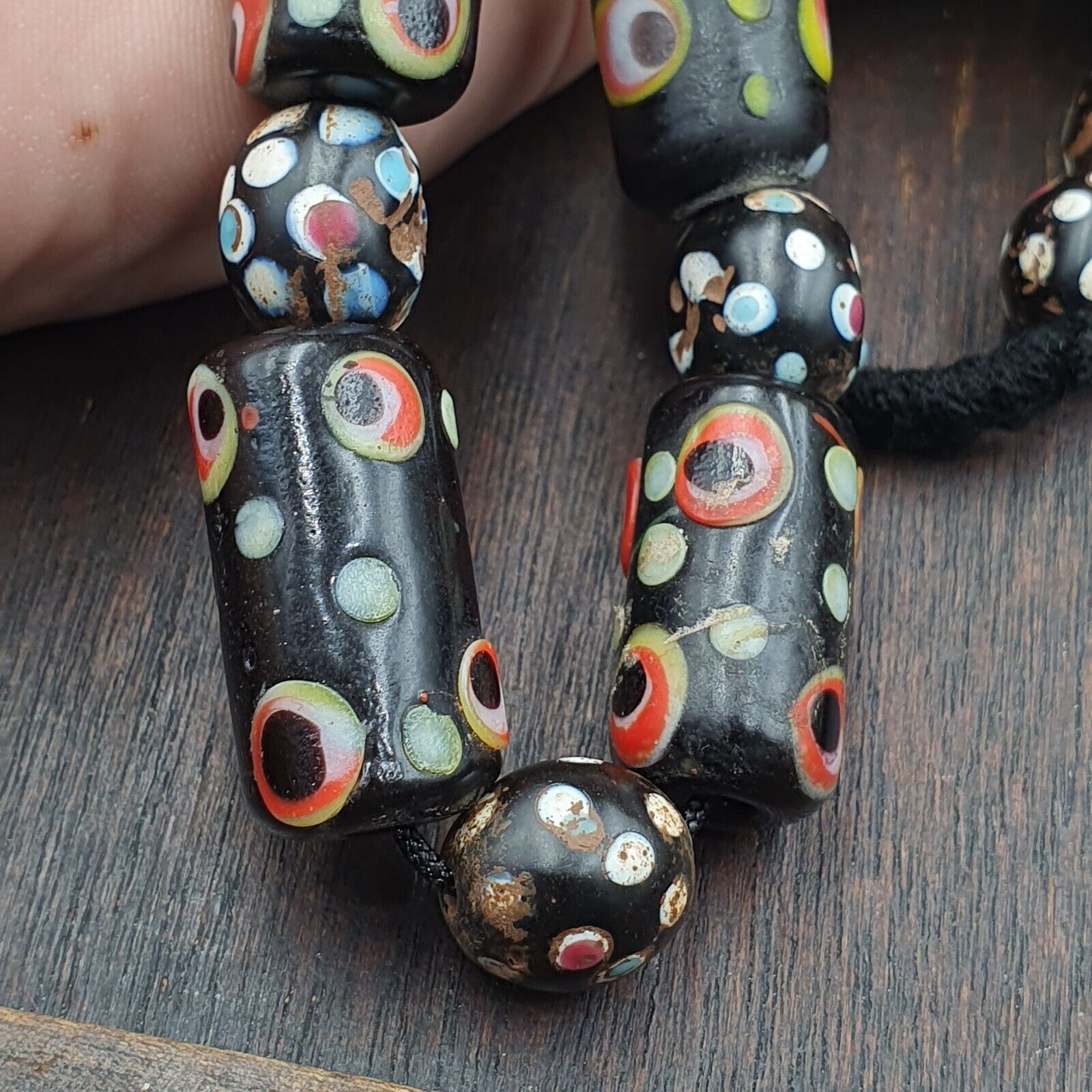 Vintage Black Gabri Eyes Skunk Thousand eyes Glass Beads Strand