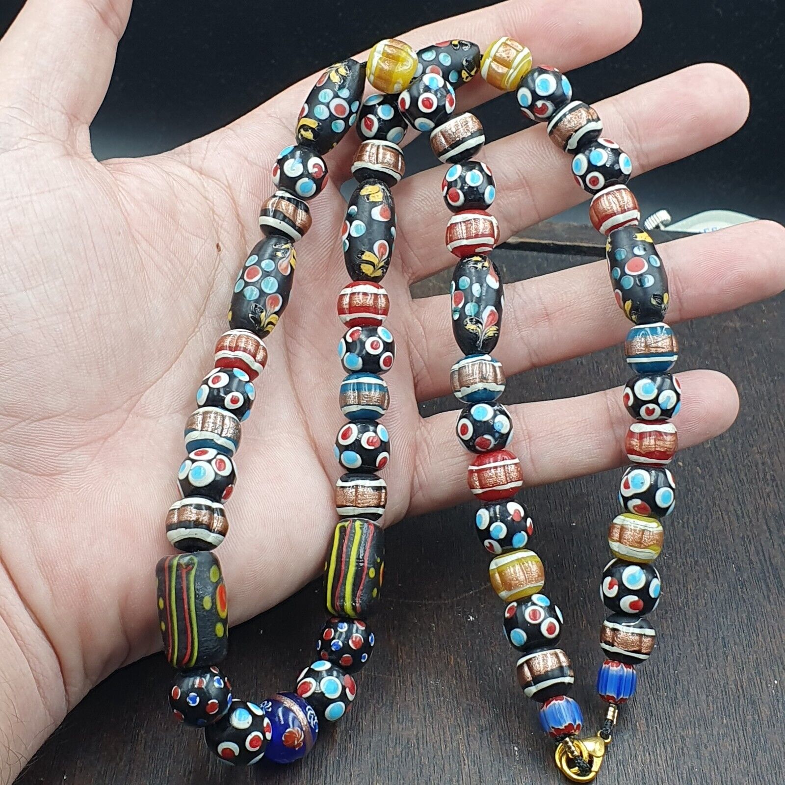 Vintage African Venetian Style Skunk Thousand eyes Glass Beads Strand