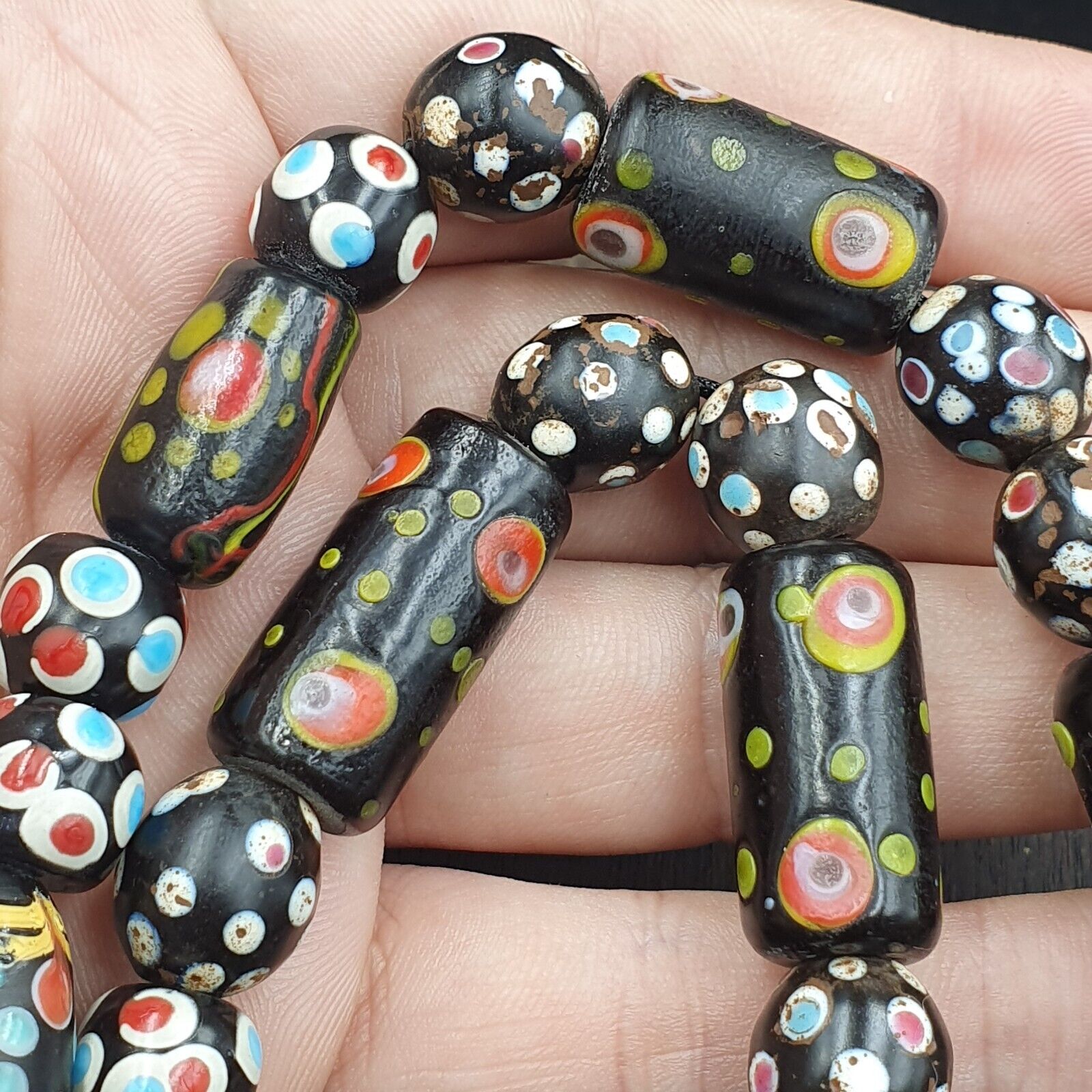 Vintage African Venetian Style Skunk Thousand eyes Glass Beads Strand
