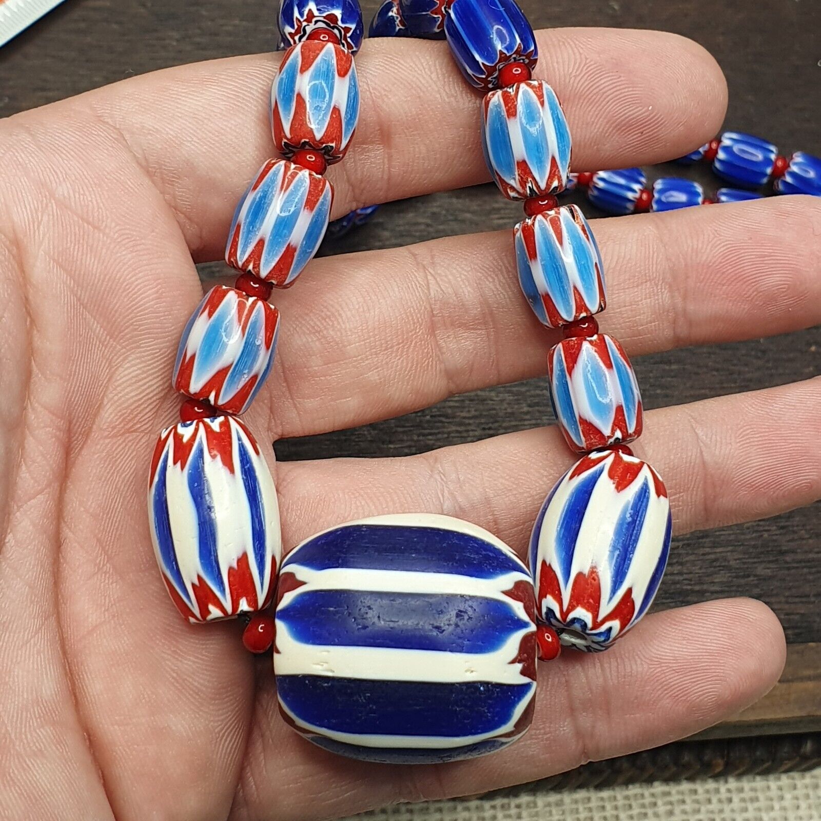Vintage Chevron and White Heart Venetian Beads Glass Beads Necklace NC-1014