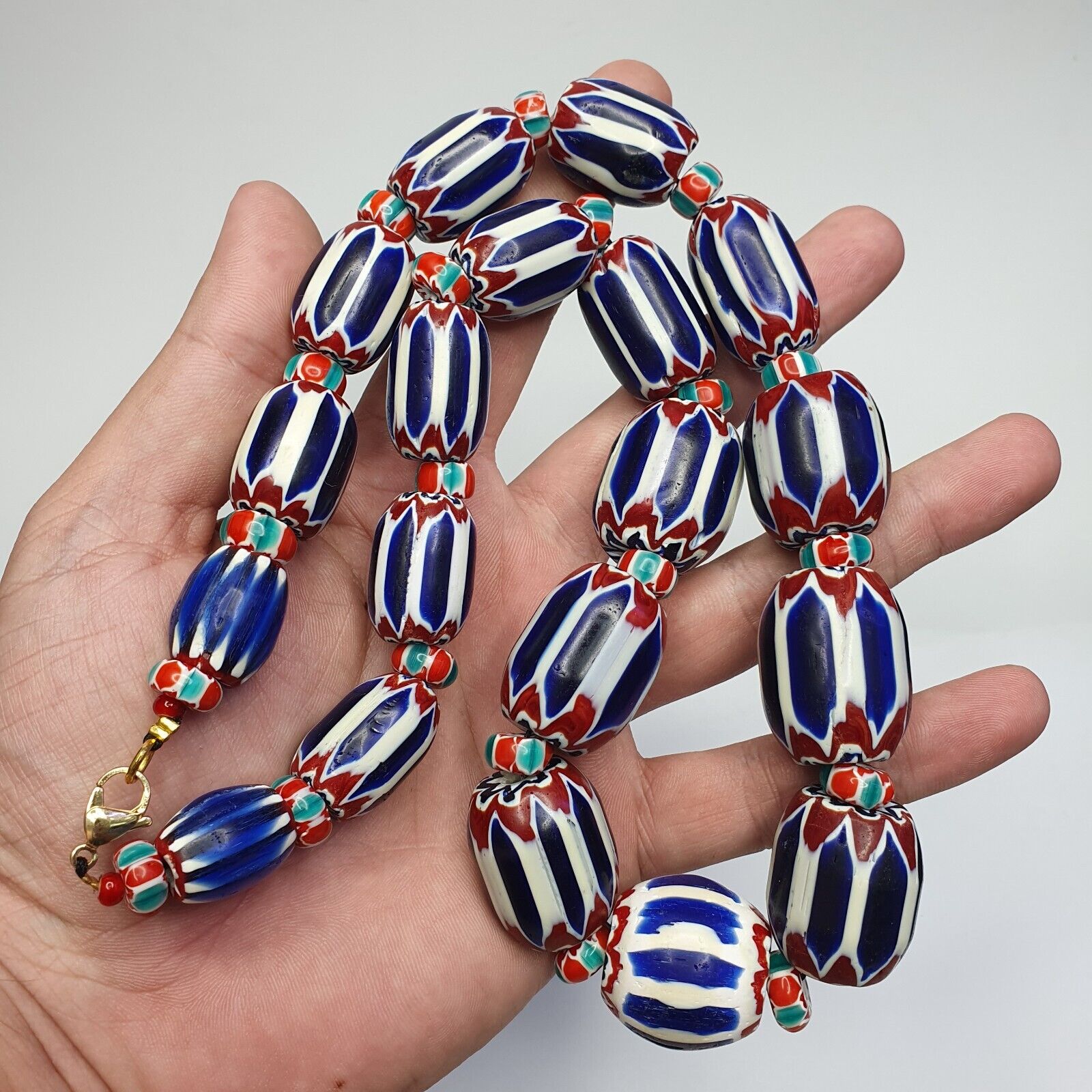 Vintage Chevron and White Heart Venetian Beads Glass Beads Necklace NC-1010