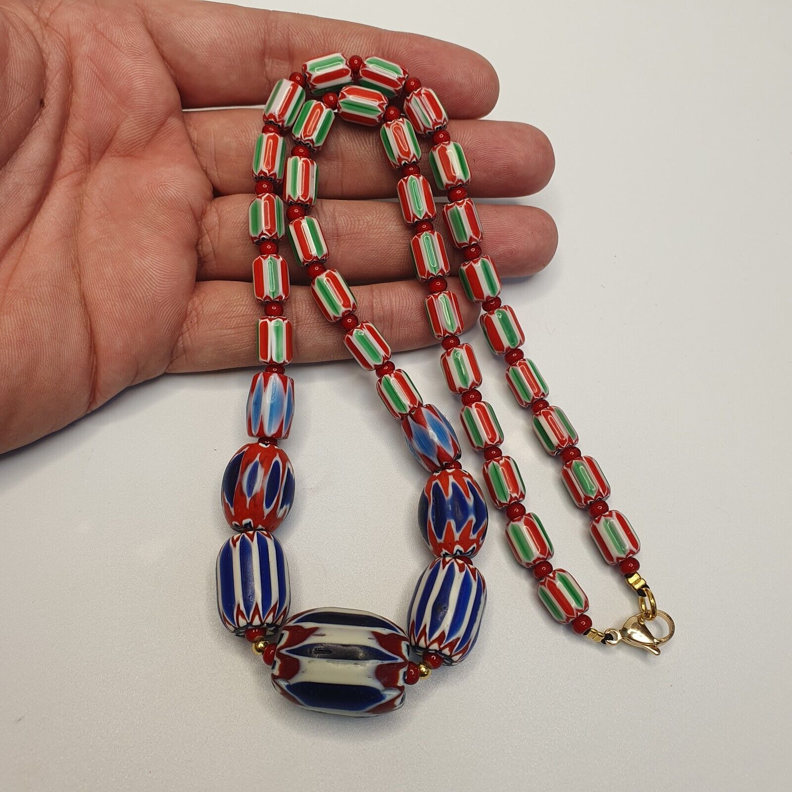 Chevron and White Heart Venetian Beads African Glass Beads Necklace #NC-103