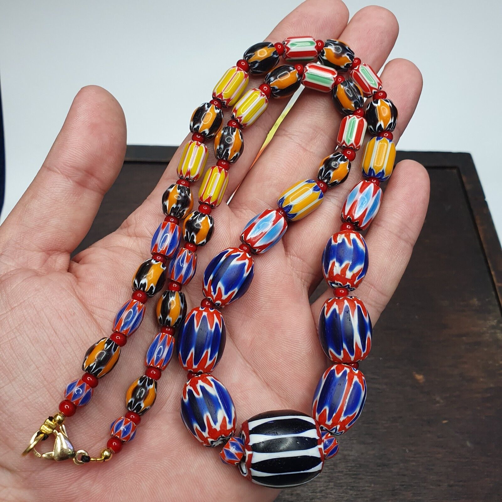 Vintage Chevron and White Heart Venetian Beads Glass Beads Necklace NC-1013