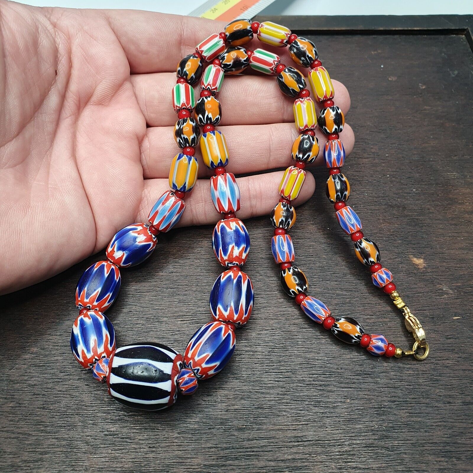 Vintage Chevron and White Heart Venetian Beads Glass Beads Necklace NC-1013