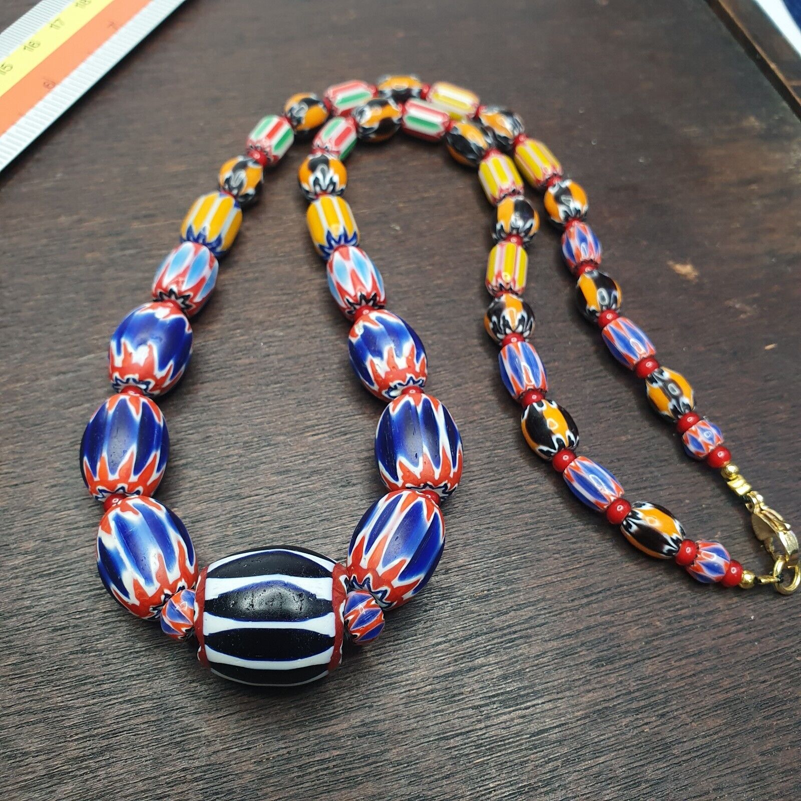 Vintage Chevron and White Heart Venetian Beads Glass Beads Necklace NC-1013