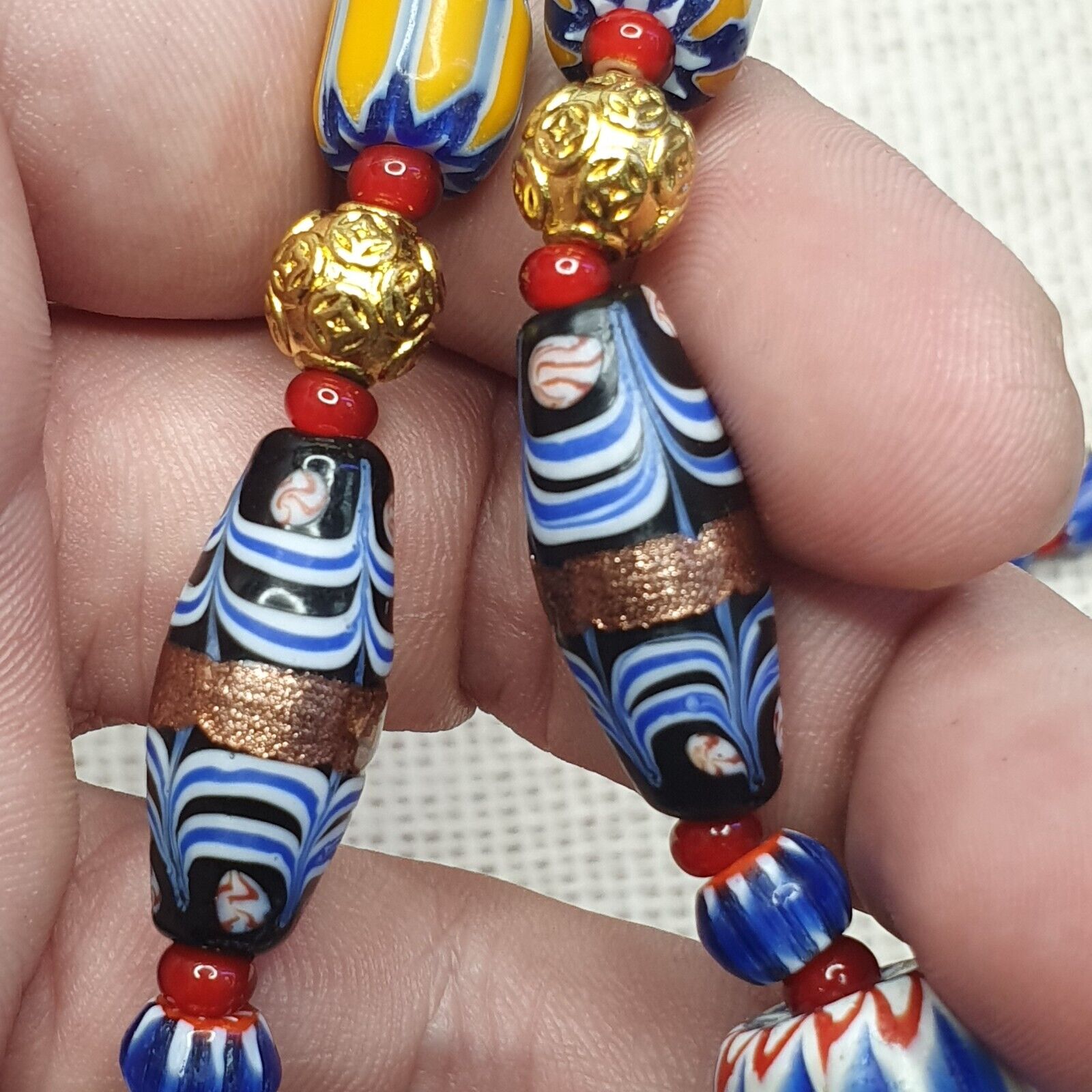 Vintage Chevron and White Heart Venetian Beads Glass Beads Necklace NC-1011
