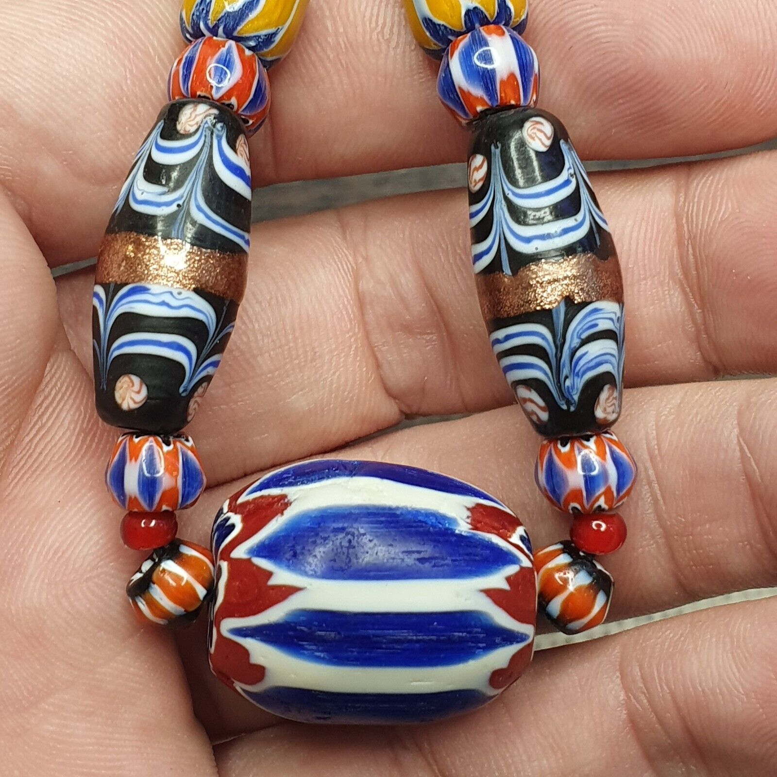 Vintage Chevron and White Heart Venetian Beads Glass Beads Necklace NC-1012