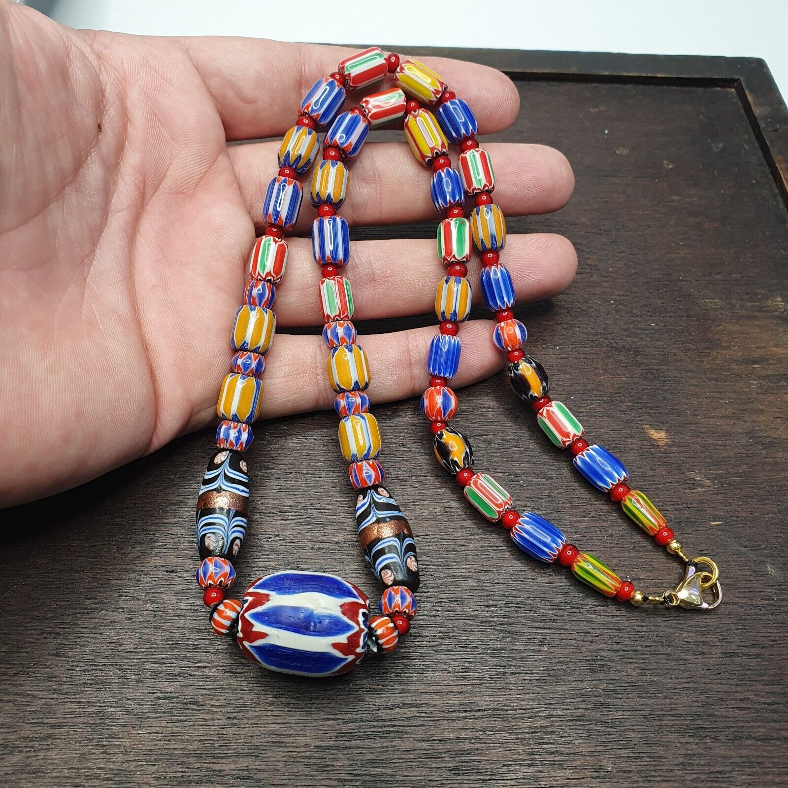Vintage Chevron and White Heart Venetian Beads Glass Beads Necklace NC-1012