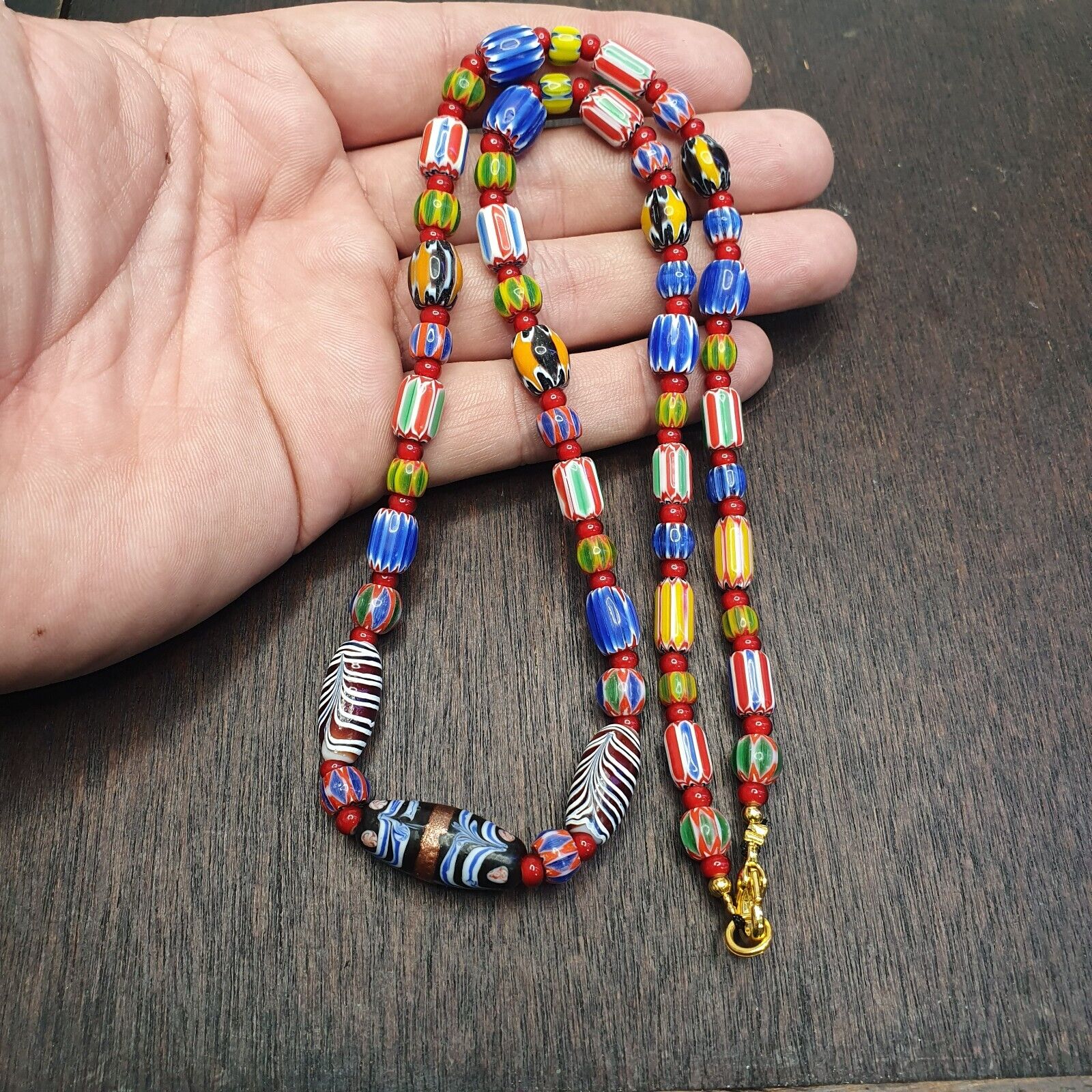 Chevron and White Heart Venetian Beads African Glass Beads Necklace #NC-102