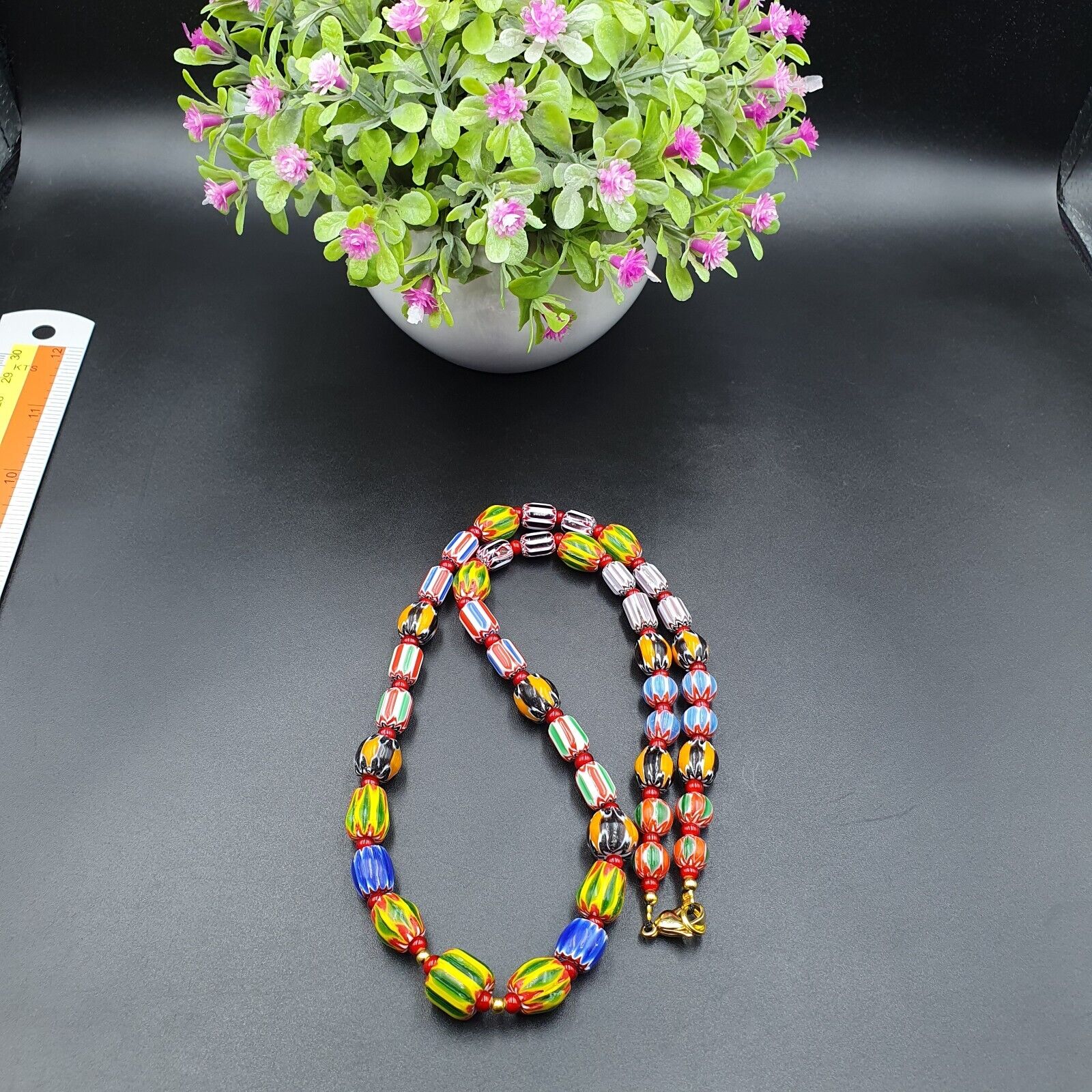YCH-14 Venetian Inspired Chevron and 4.5mm Red White Heart  Beads Necklace
