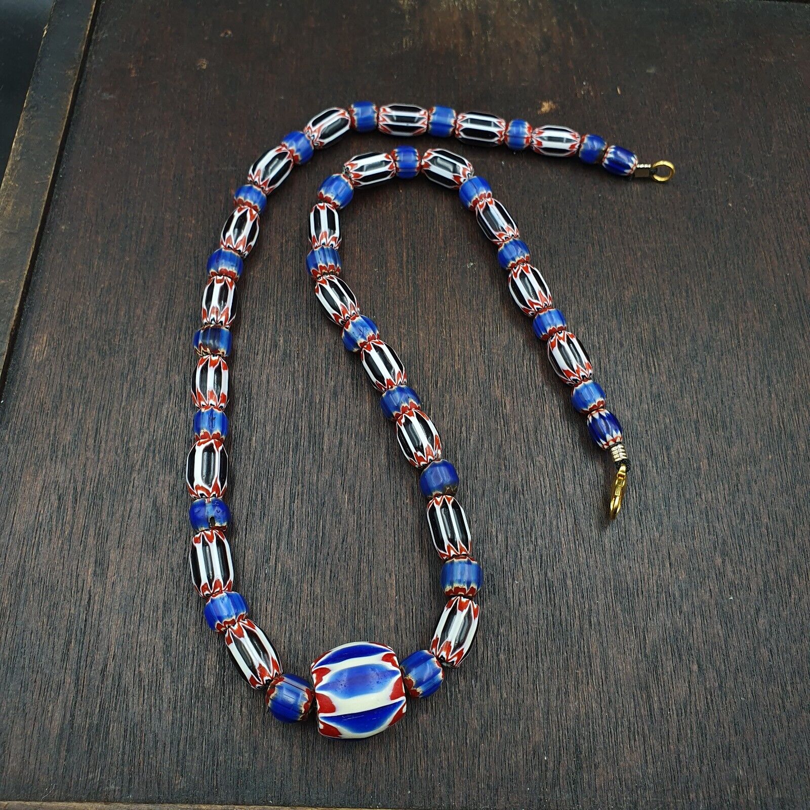 Antique Venetian inspired African Blue & Black Chevron Beads Necklace