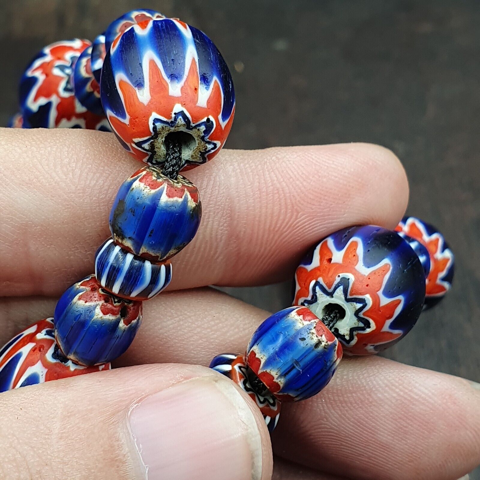 Antique Venetian inspired African Blue Glass Chevron Beads Necklace