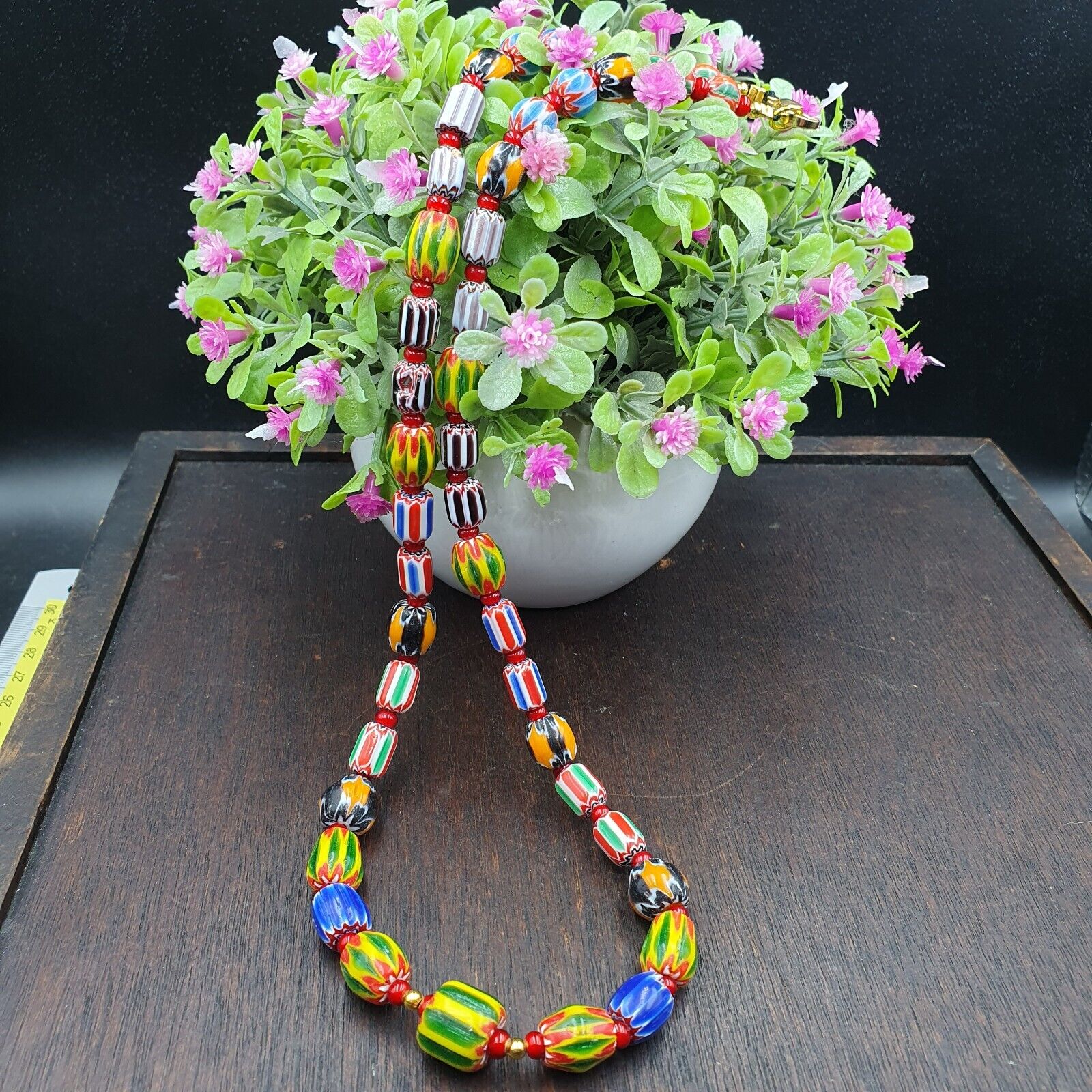 YCH-14 Venetian Inspired Chevron and 4.5mm Red White Heart  Beads Necklace
