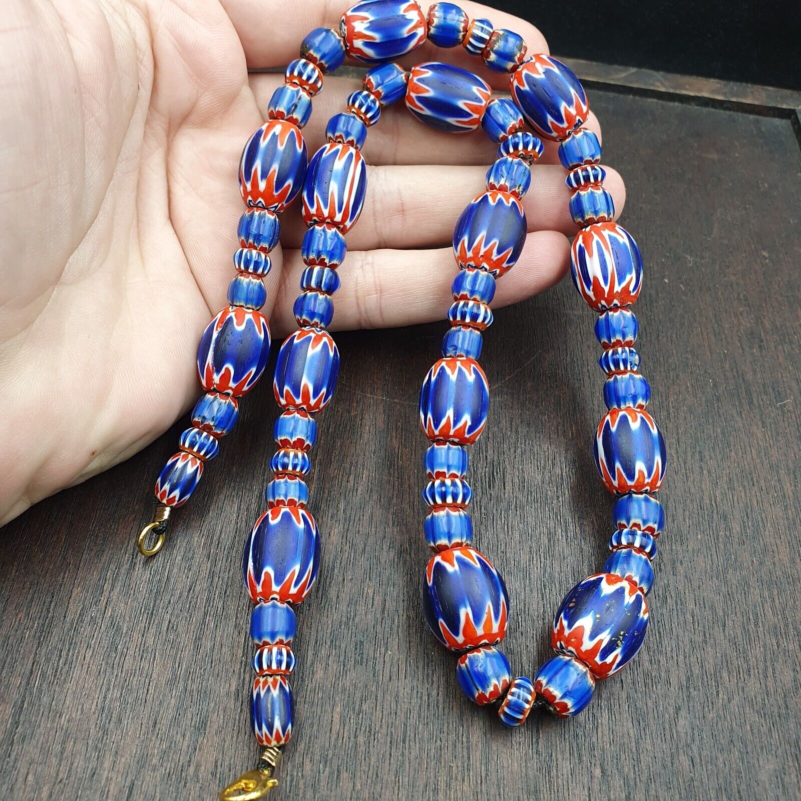 Antique Venetian inspired African Blue Glass Chevron Beads Necklace