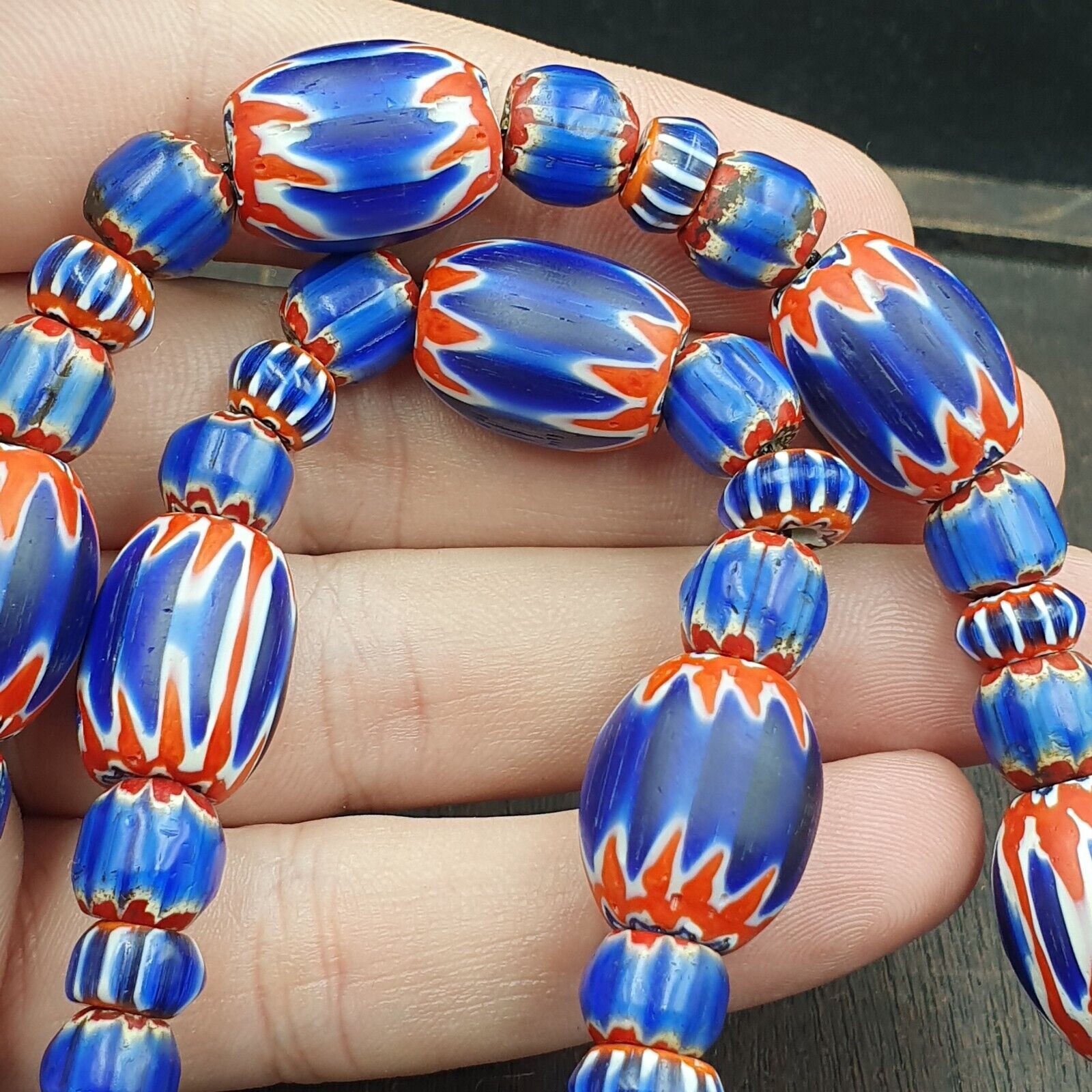 Antique Venetian inspired African Blue Glass Chevron Beads Necklace