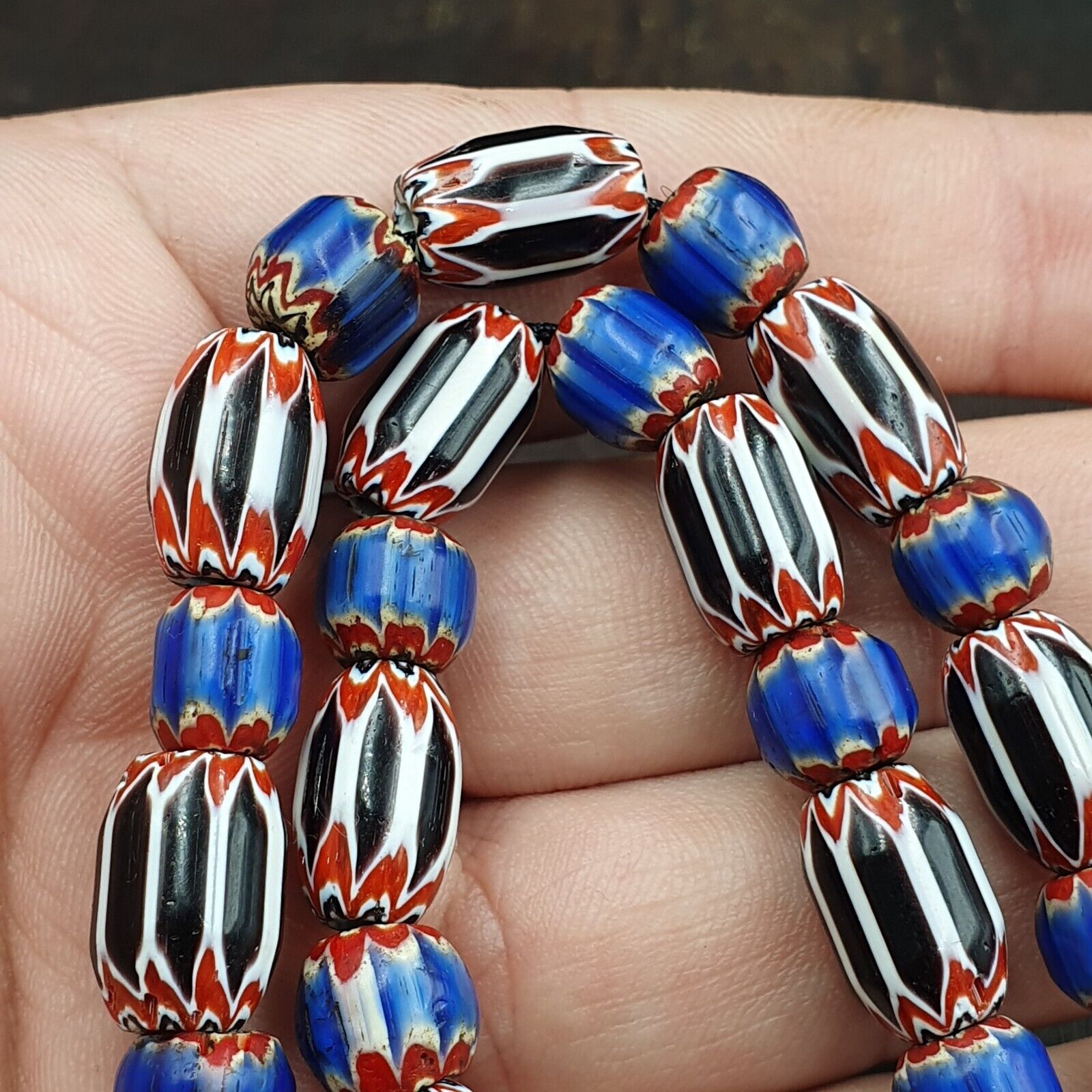Antique Venetian inspired African Blue & Black Chevron Beads Necklace