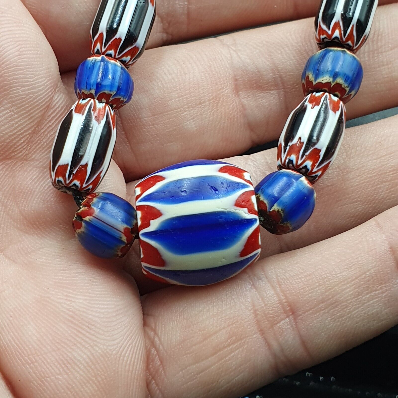 Antique Venetian inspired African Blue & Black Chevron Beads Necklace