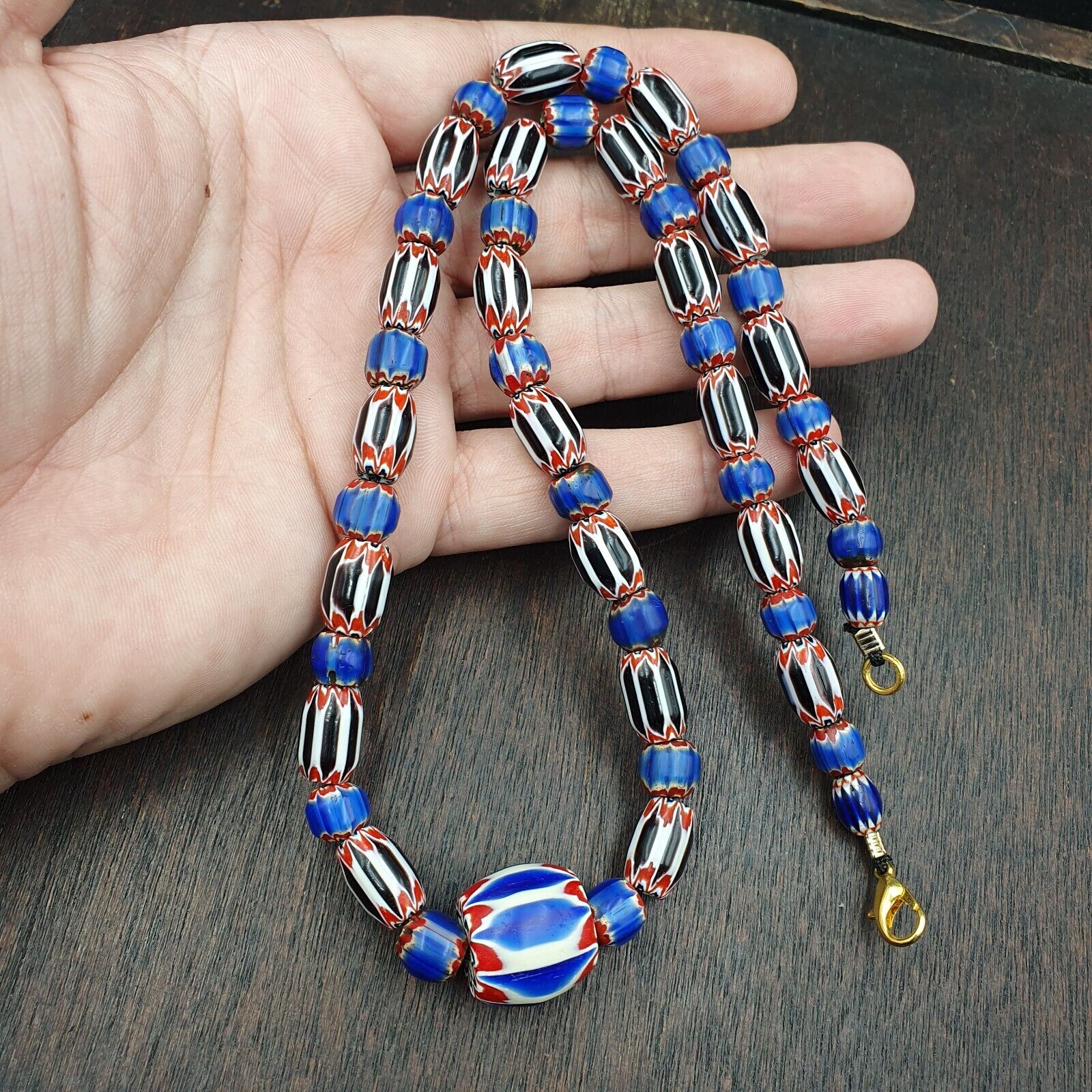 Antique Venetian inspired African Blue & Black Chevron Beads Necklace