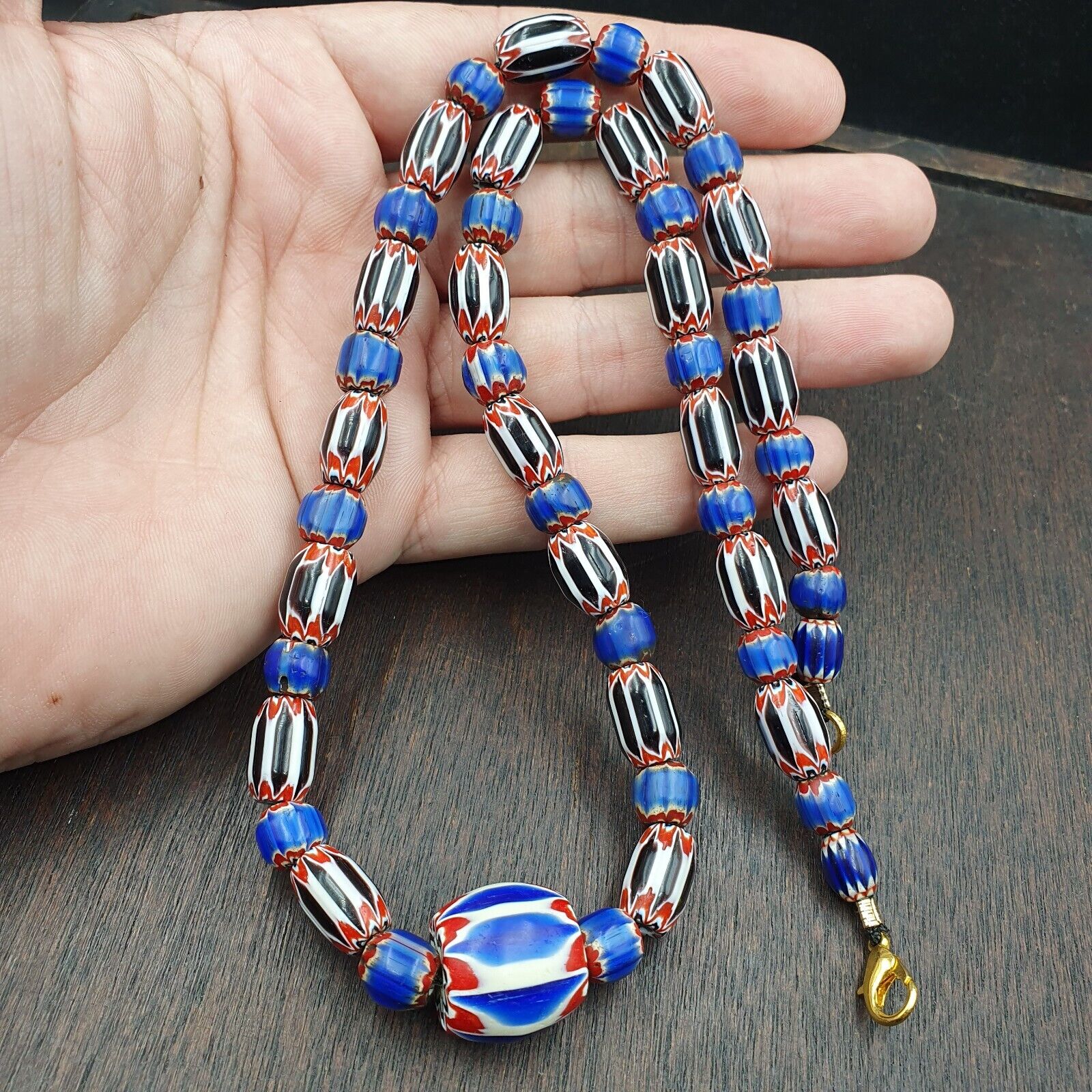 Antique Venetian inspired African Blue & Black Chevron Beads Necklace