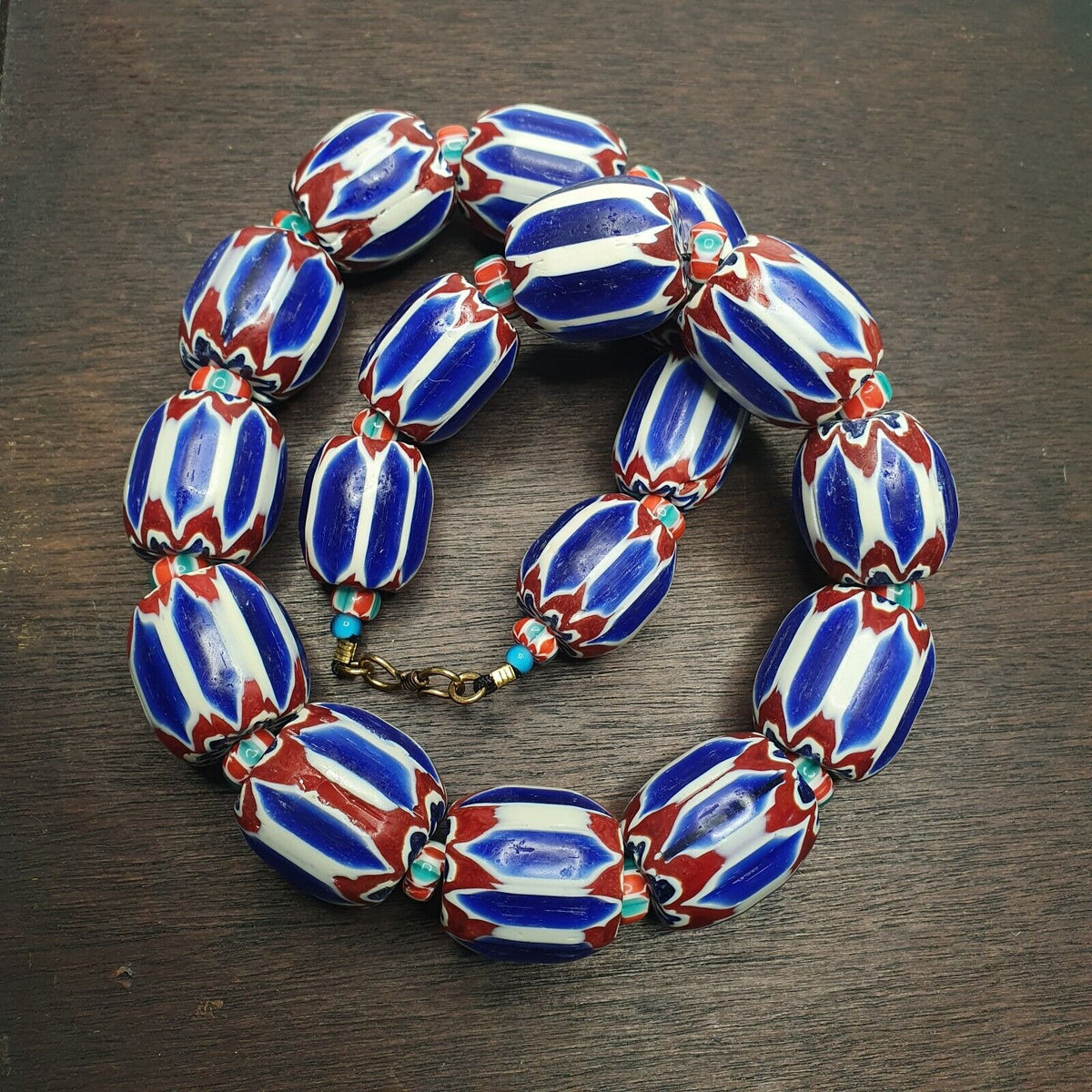 495g Venetian inspired African Blue Glass Chevron Big Beads Necklace