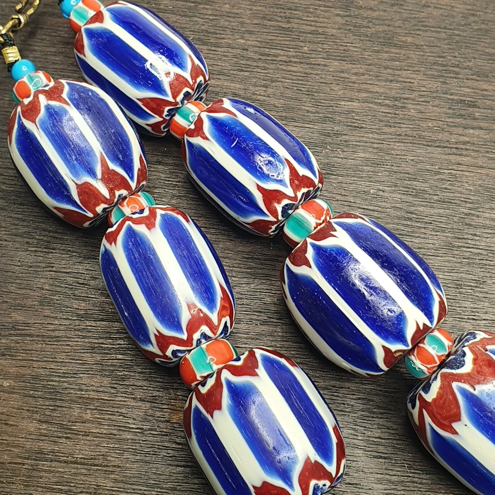 495g Venetian inspired African Blue Glass Chevron Big Beads Necklace