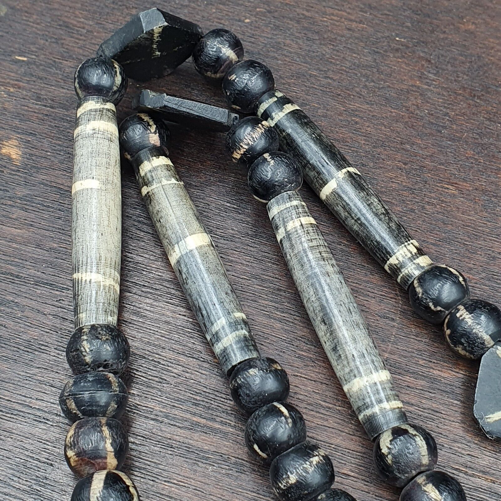 Asian Burmese Old Pumtek petrified Wood  beads Long necklace rare pattern