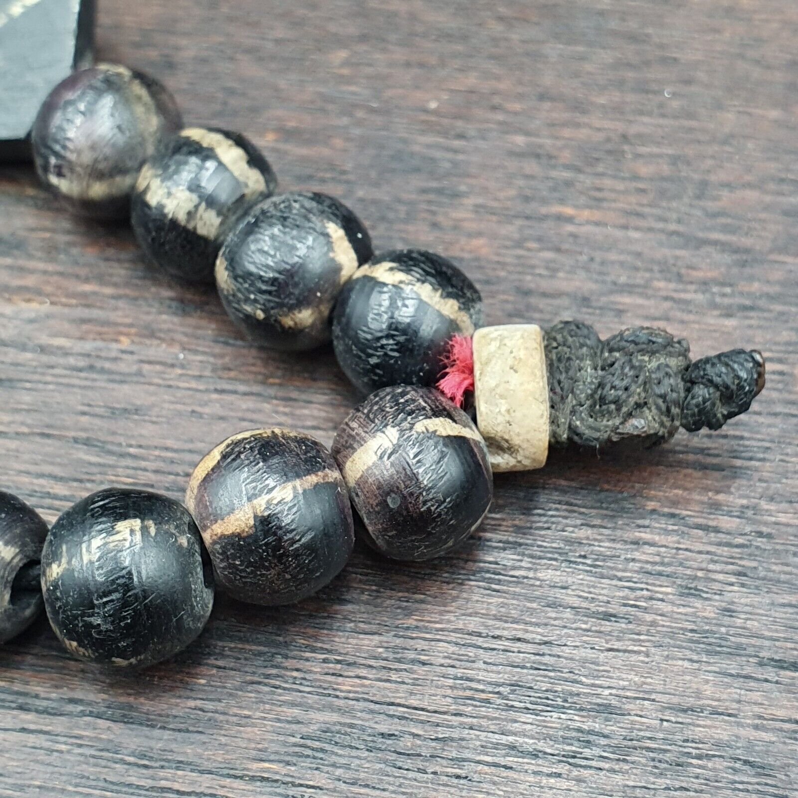 Asian Burmese Old Pumtek petrified Wood  beads Long necklace rare pattern