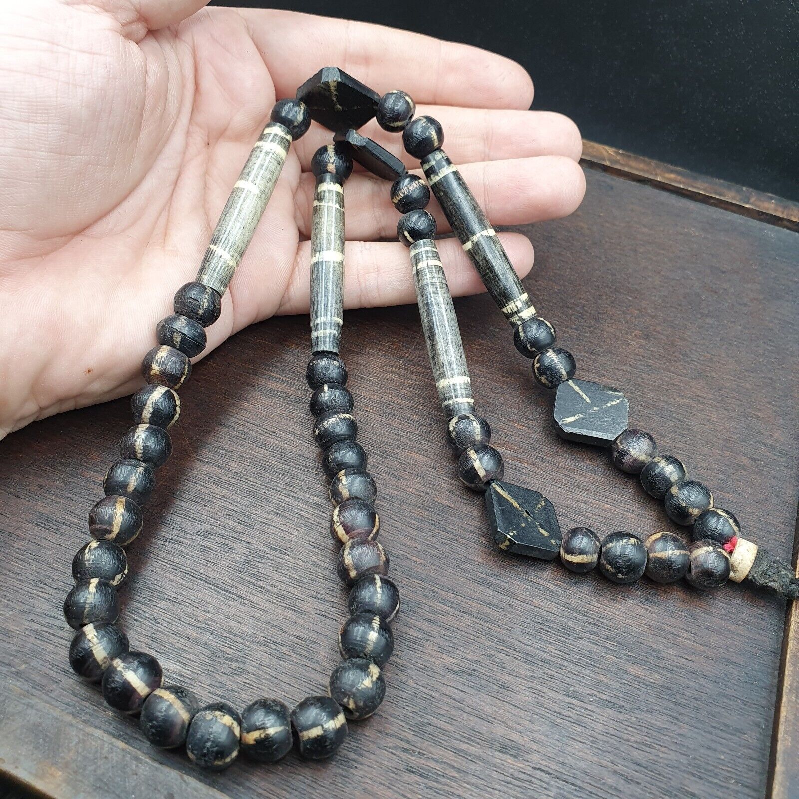 Asian Burmese Old Pumtek petrified Wood  beads Long necklace rare pattern
