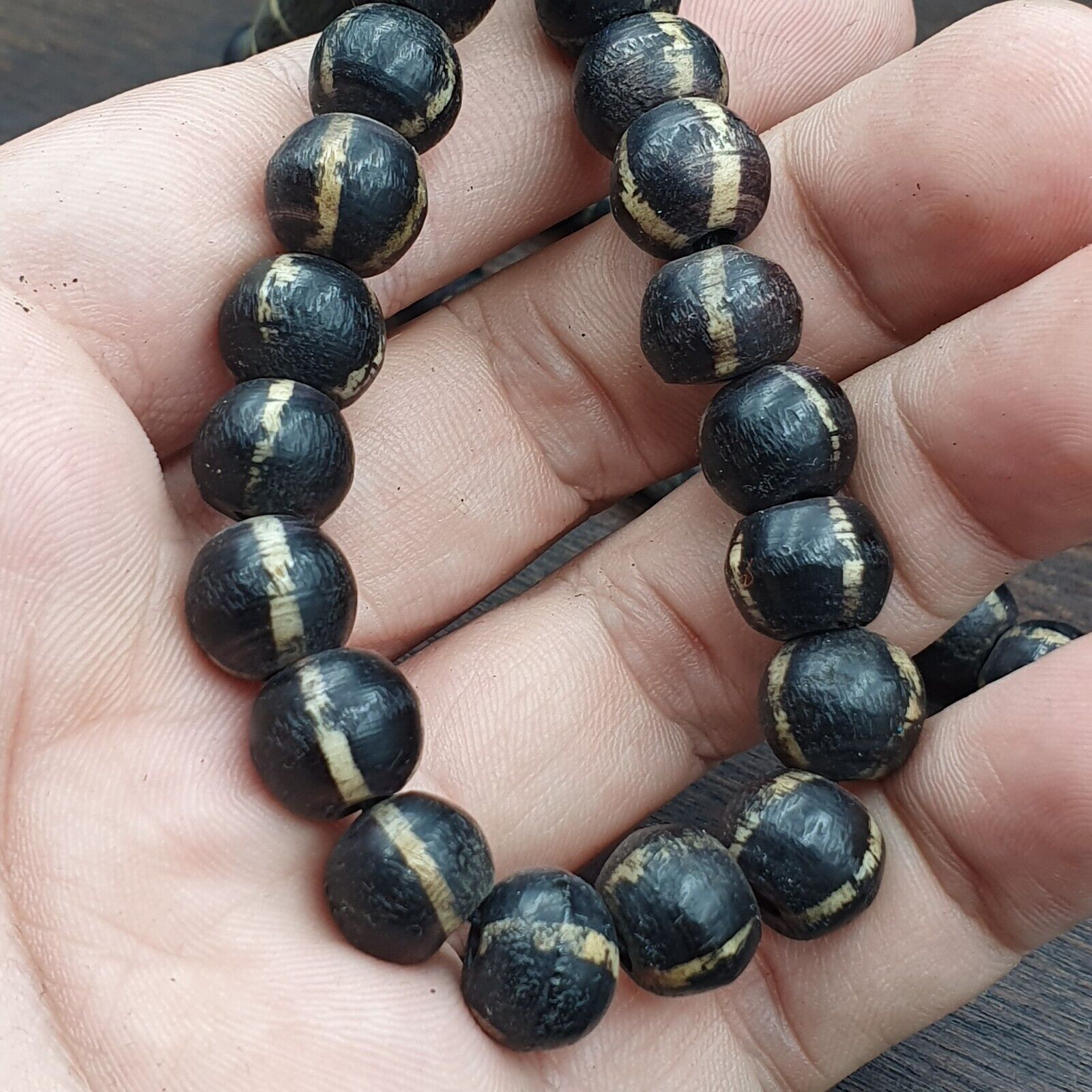 Asian Burmese Old Pumtek petrified Wood  beads Long necklace rare pattern
