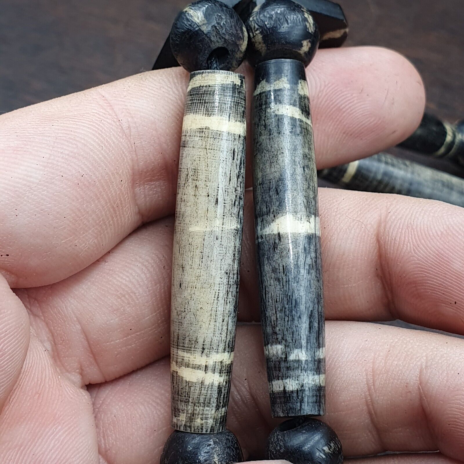 Asian Burmese Old Pumtek petrified Wood  beads Long necklace rare pattern
