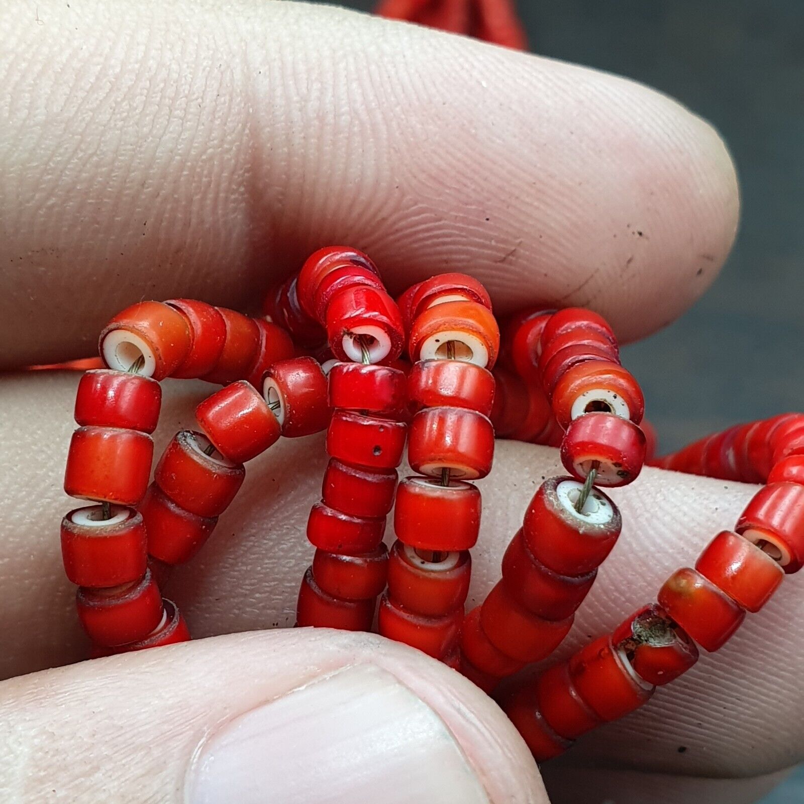 Antique Agate, Venetian Red White Heart Trade Beads Antique Silver Necklace.