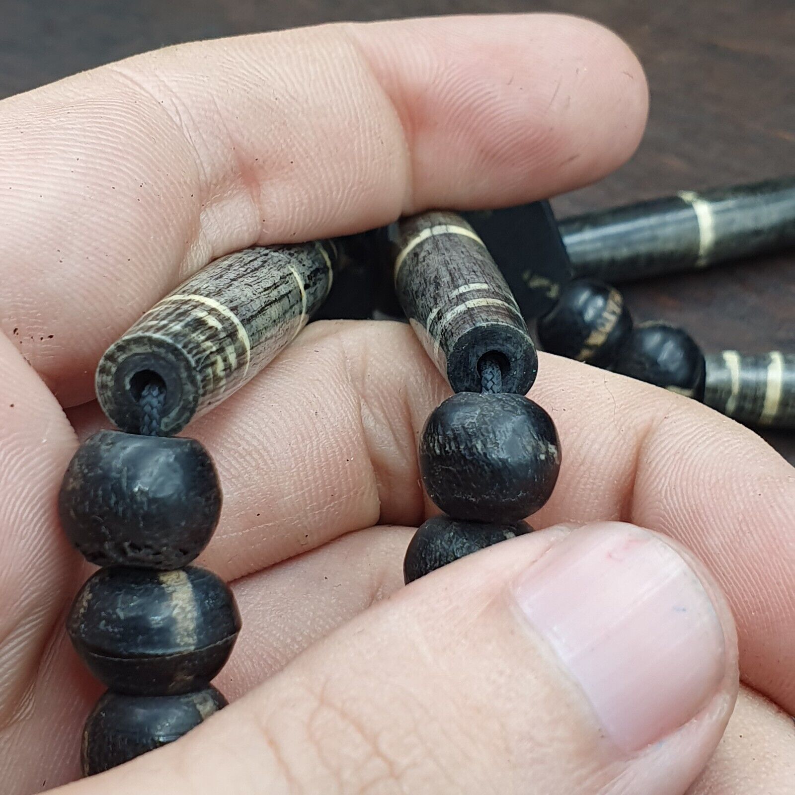 Asian Burmese Old Pumtek petrified Wood  beads Long necklace rare pattern