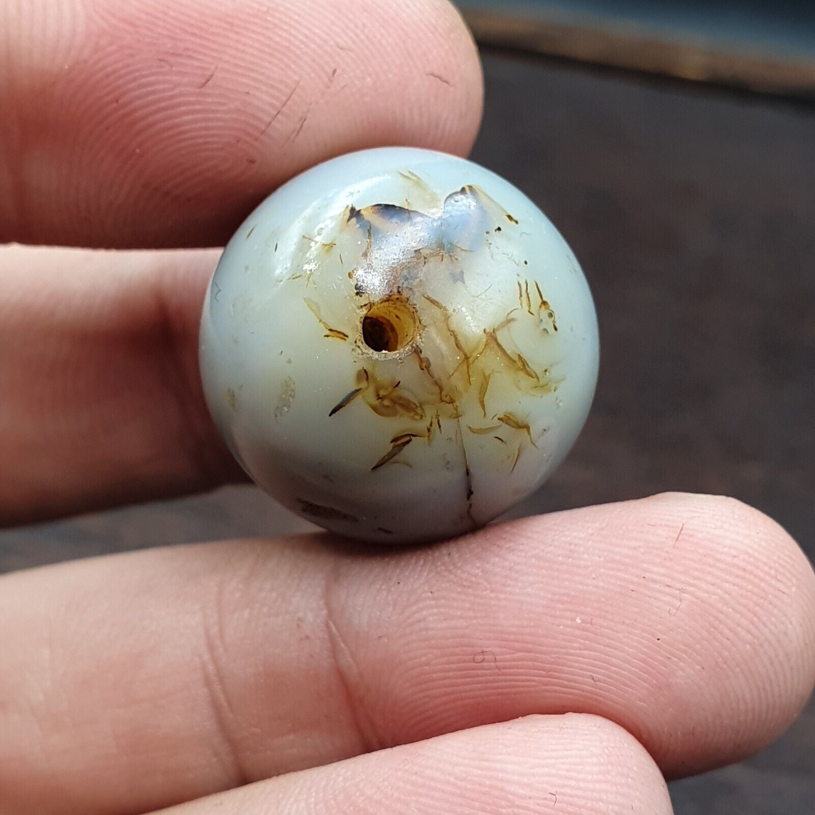 Antique Tibetan Gray Agate Bead: A Rare Gem from the Past 22x20 mm ET-8