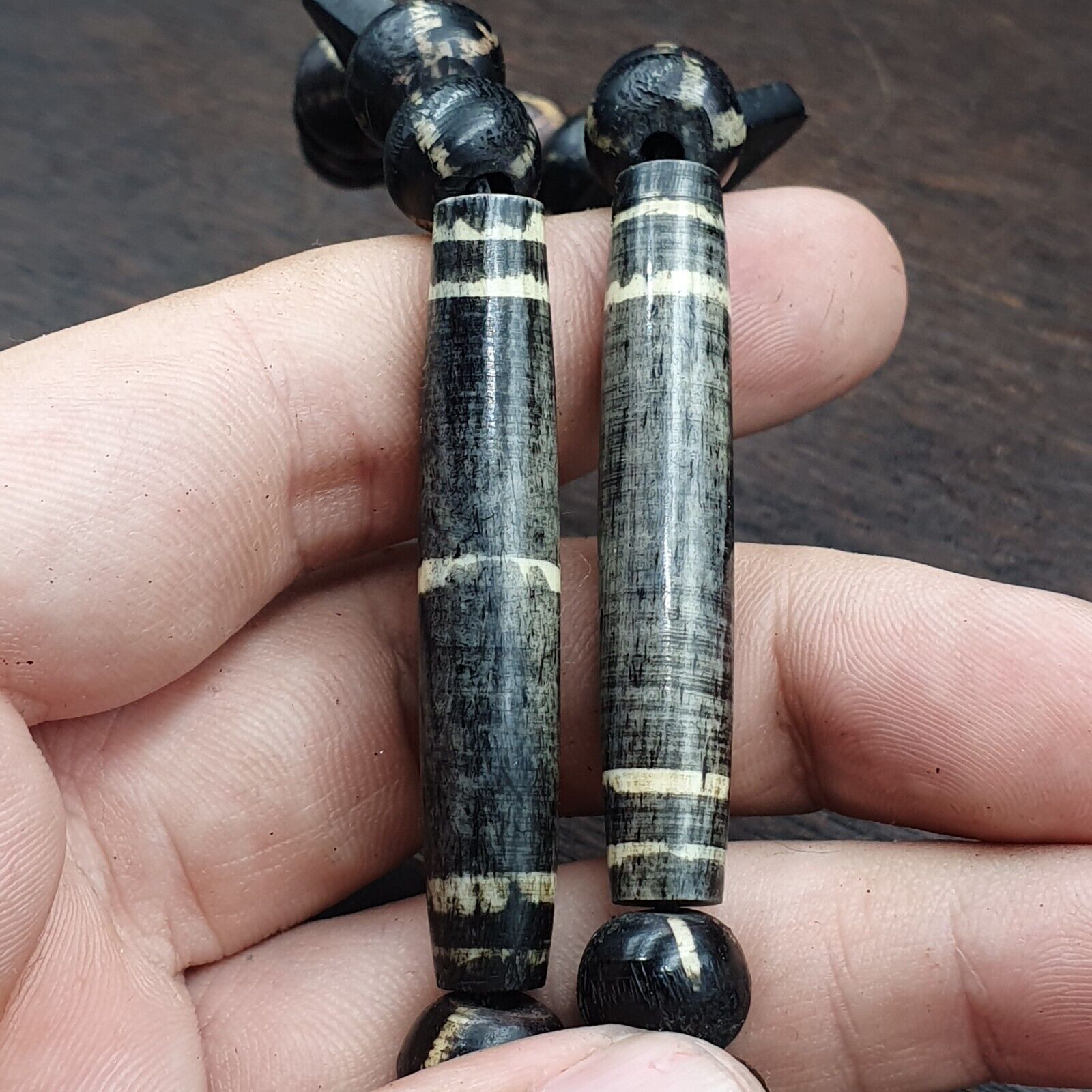 Asian Burmese Old Pumtek petrified Wood  beads Long necklace rare pattern