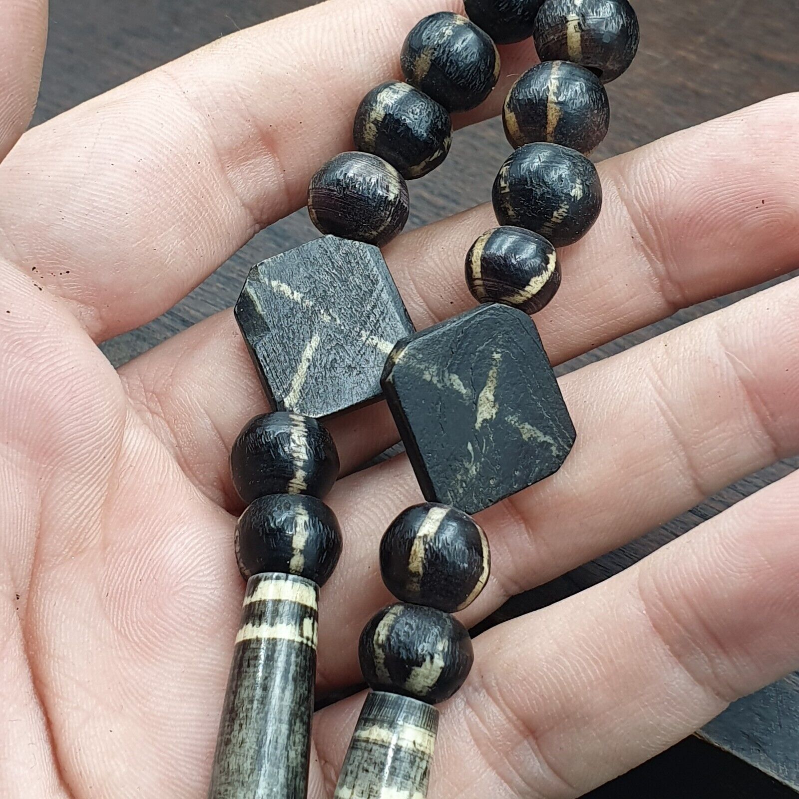 Asian Burmese Old Pumtek petrified Wood  beads Long necklace rare pattern