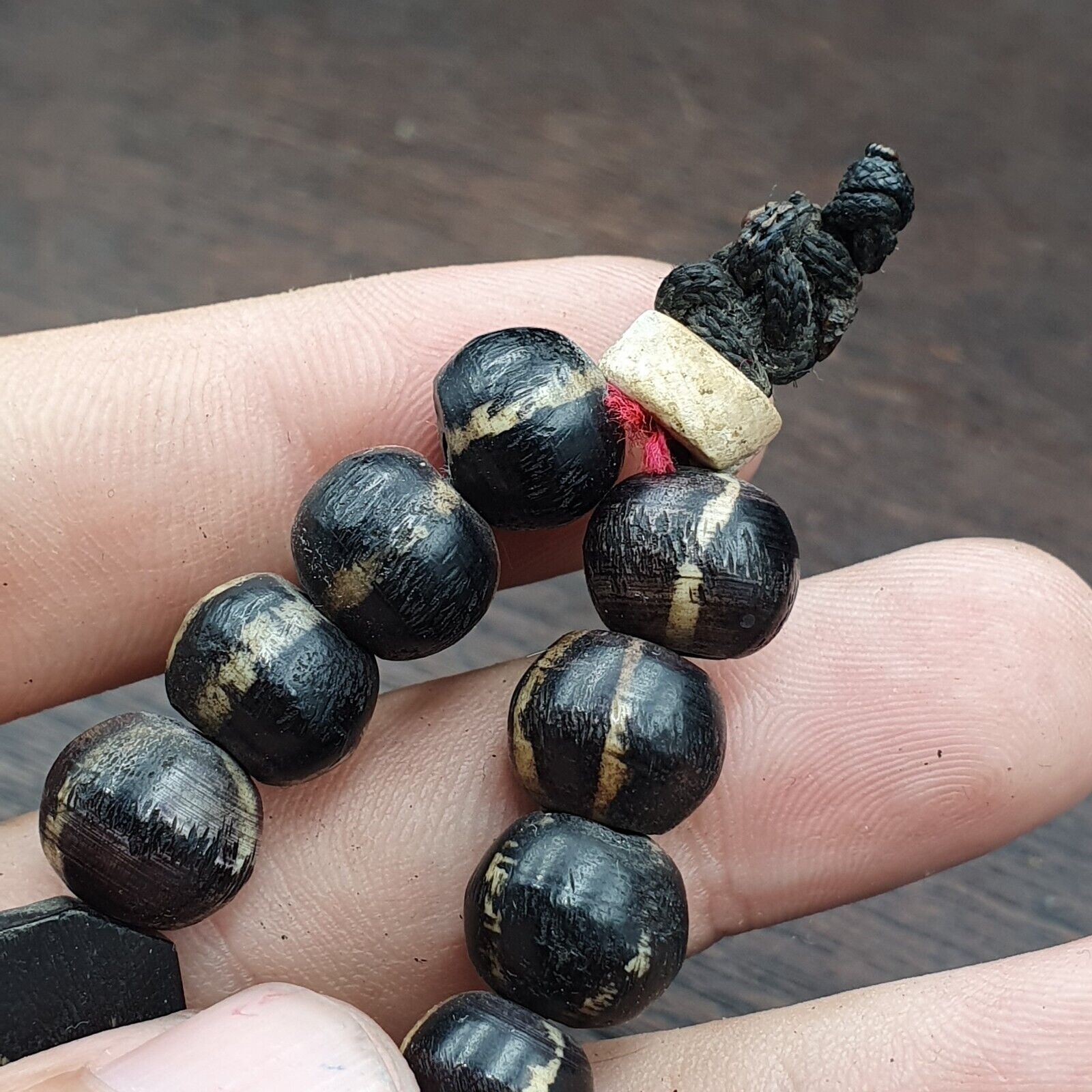 Asian Burmese Old Pumtek petrified Wood  beads Long necklace rare pattern