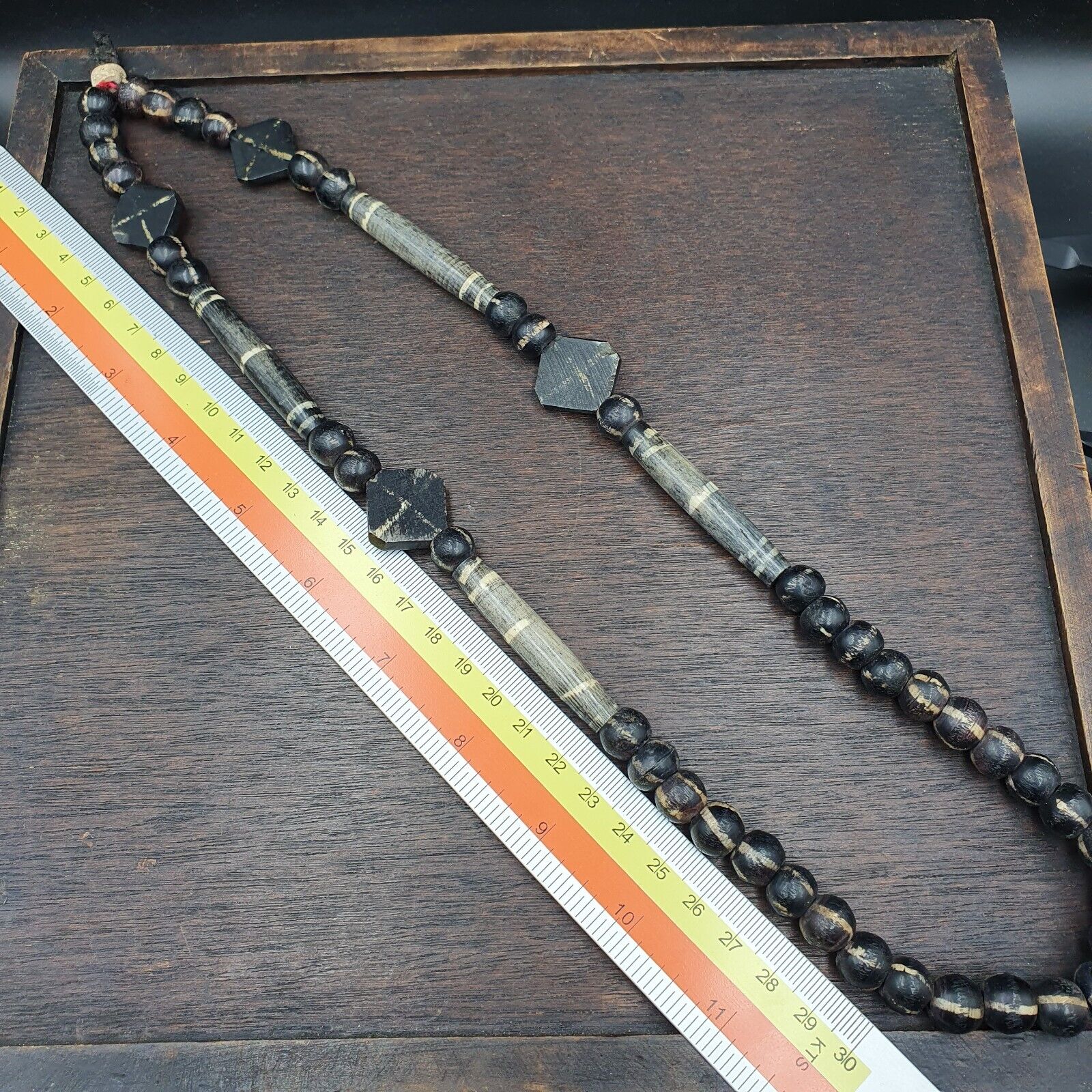 Asian Burmese Old Pumtek petrified Wood  beads Long necklace rare pattern