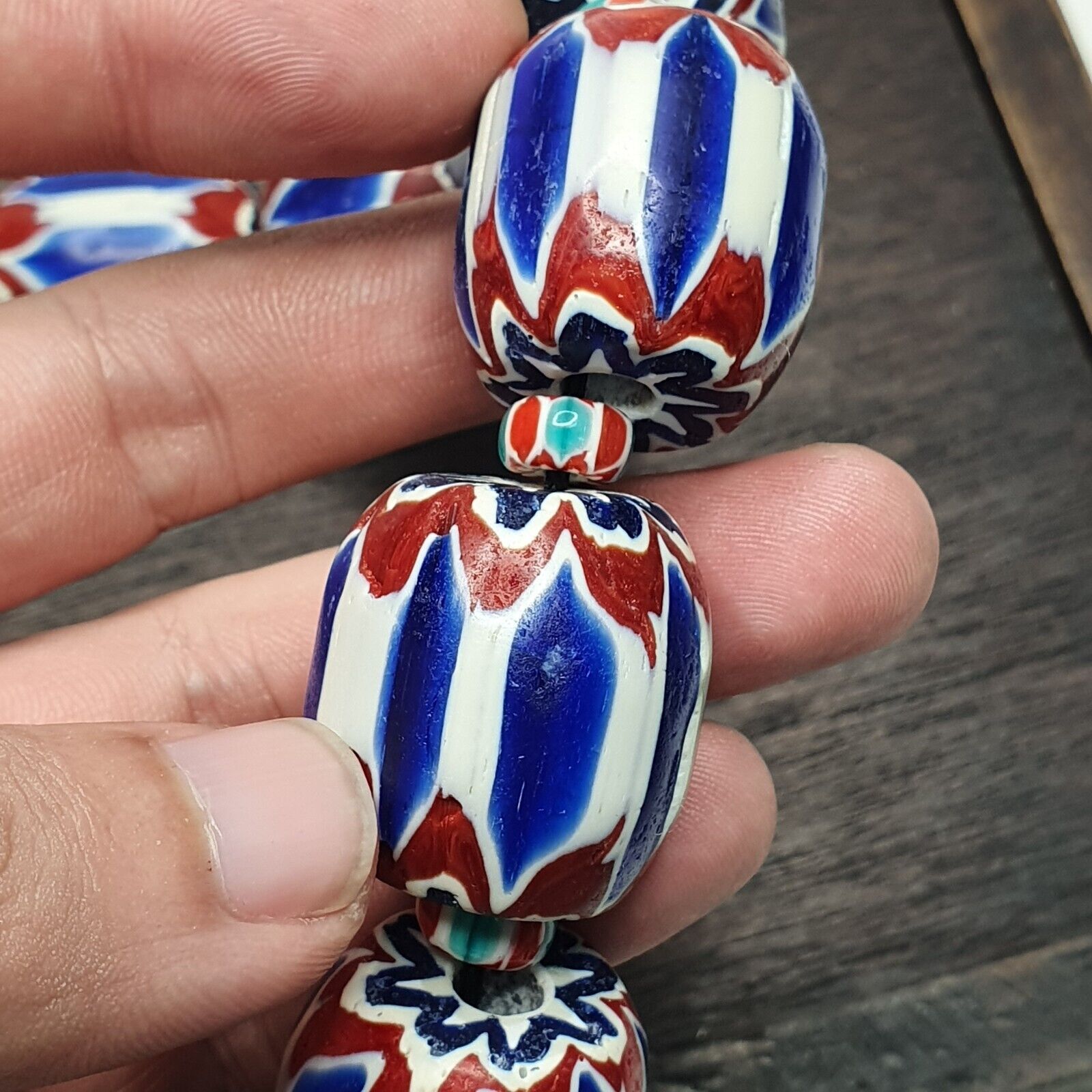 495g Venetian inspired African Blue Glass Chevron Big Beads Necklace